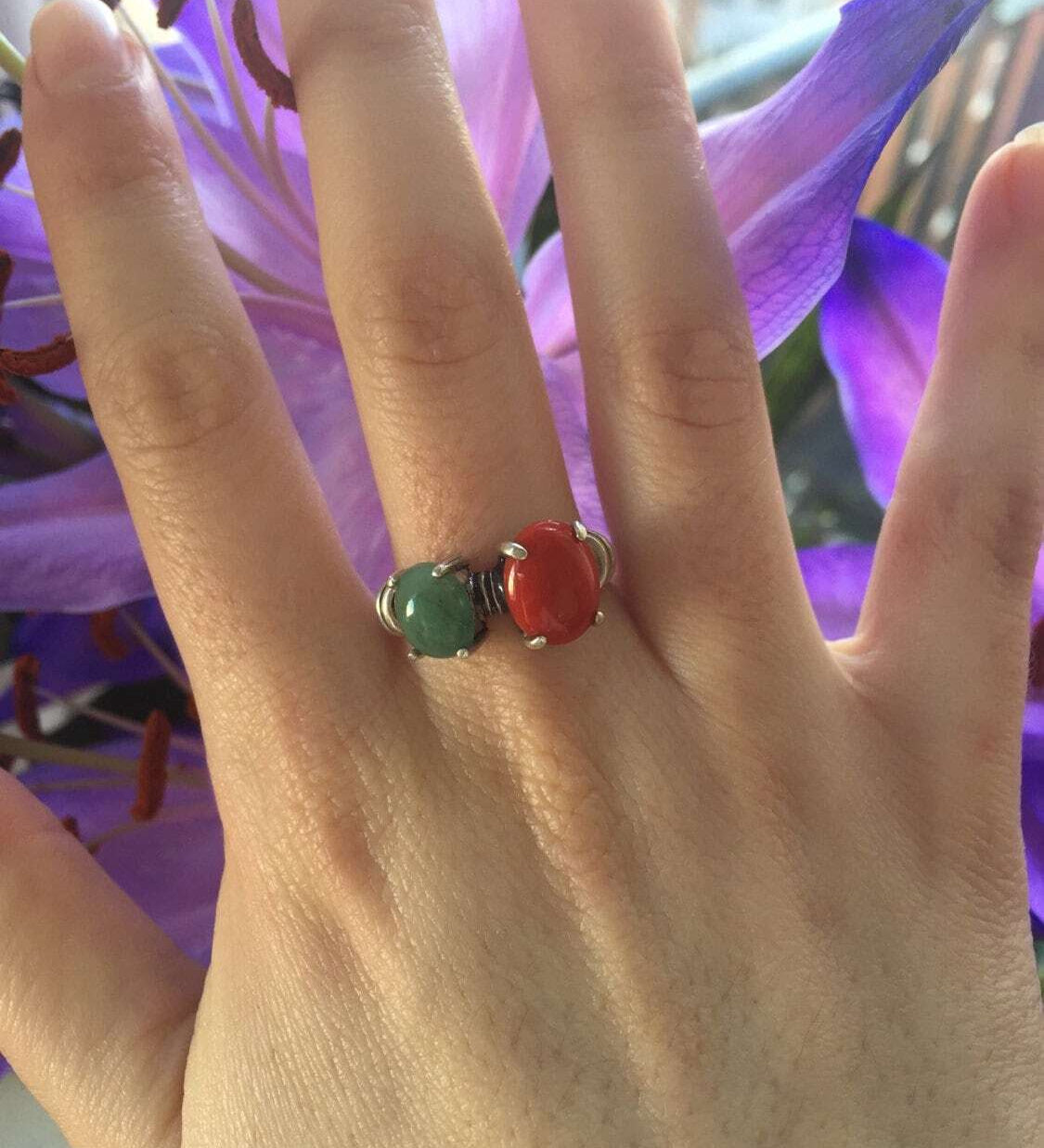 Red Coral Ring, Emerald Ring, Two Stone Ring, Natural Emerald, Vintage Ring, May Birthstone, Bohemian Ring, 925 Silver Ring, Natural Coral