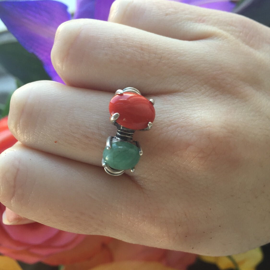 Red Coral Ring, Emerald Ring, Two Stone Ring, Natural Emerald, Vintage Ring, May Birthstone, Bohemian Ring, 925 Silver Ring, Natural Coral