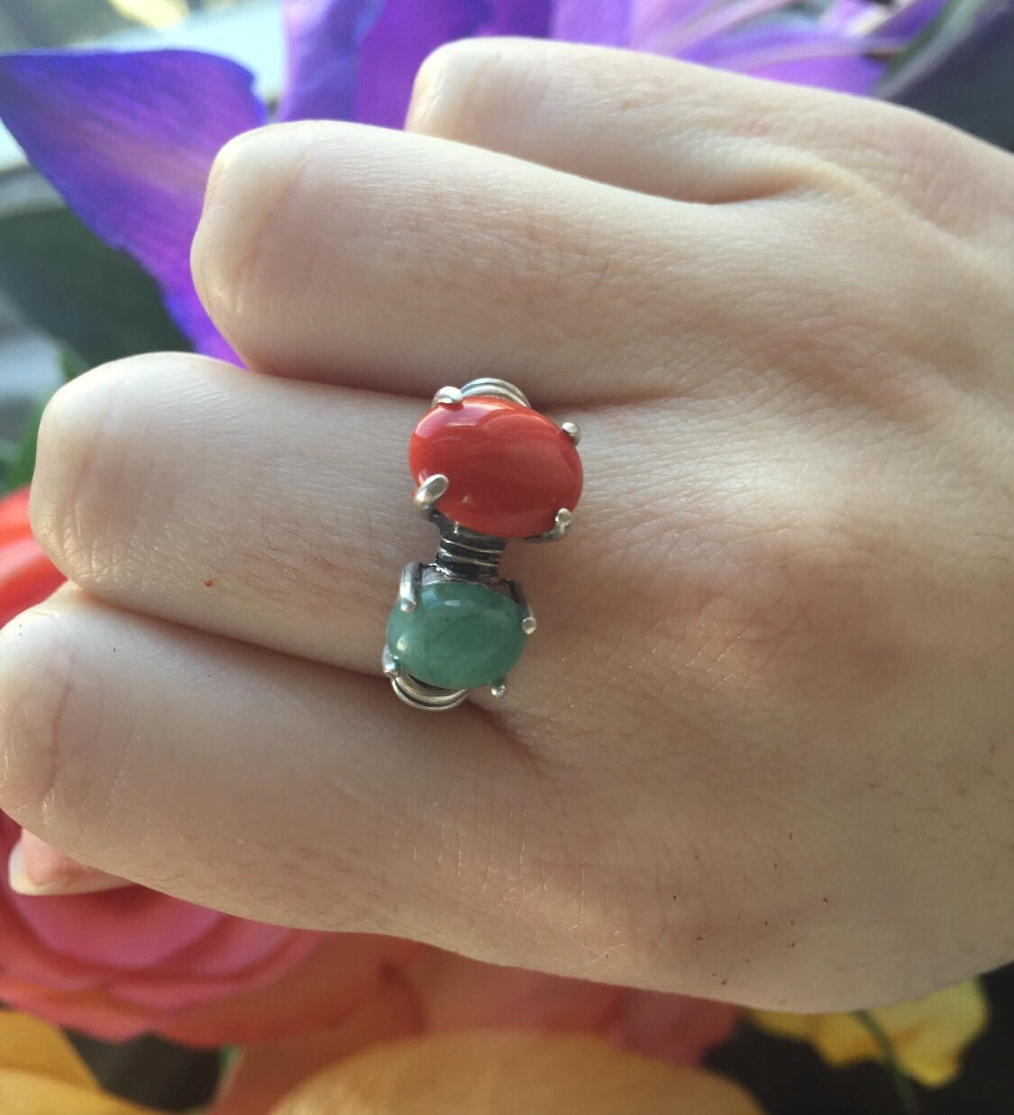 Red Coral Ring, Emerald Ring, Two Stone Ring, Natural Emerald, Vintage Ring, May Birthstone, Bohemian Ring, 925 Silver Ring, Natural Coral
