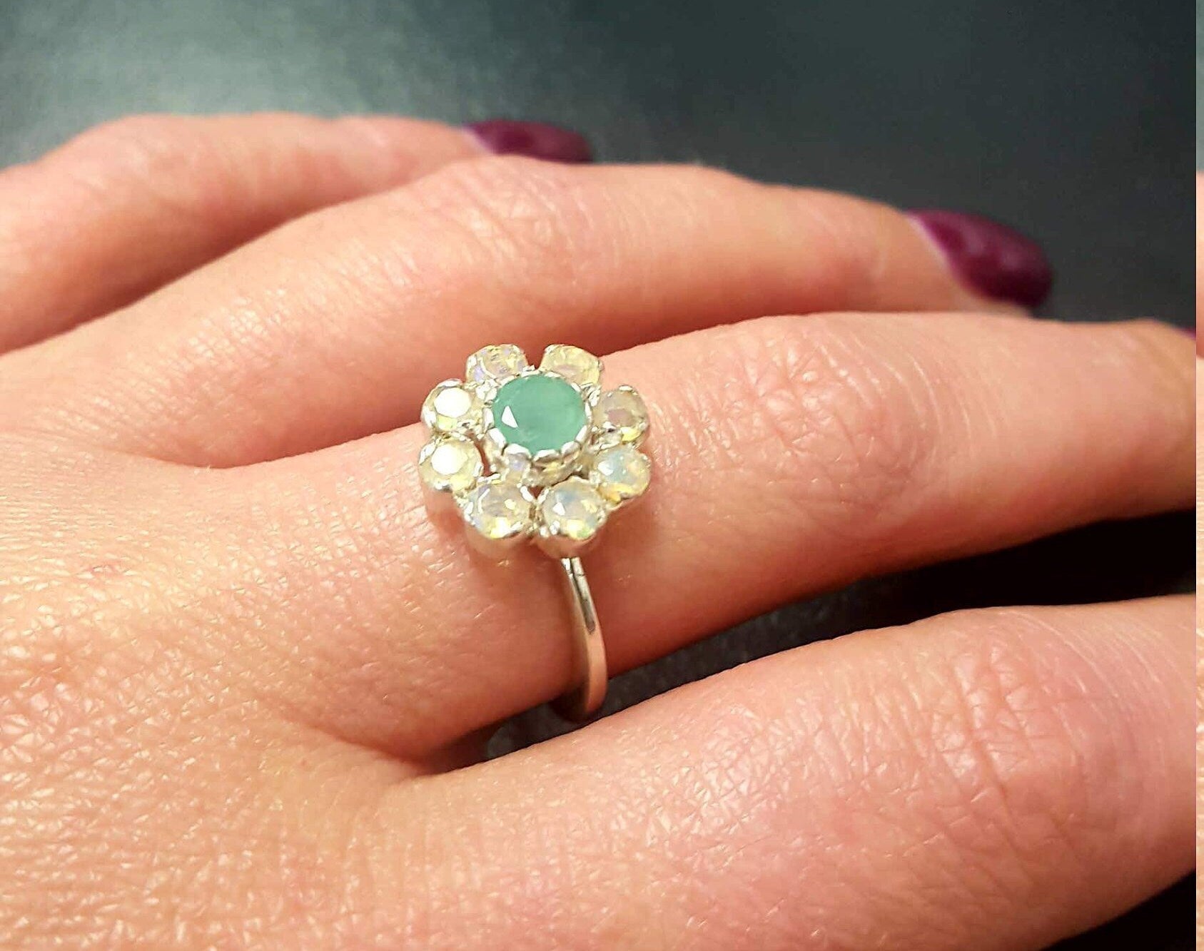 Cluster setting Natural Emerald Ring in 925 Sterling Silver, May Birthstone gift symbolizing growth and harmony, perfect for special occasions.