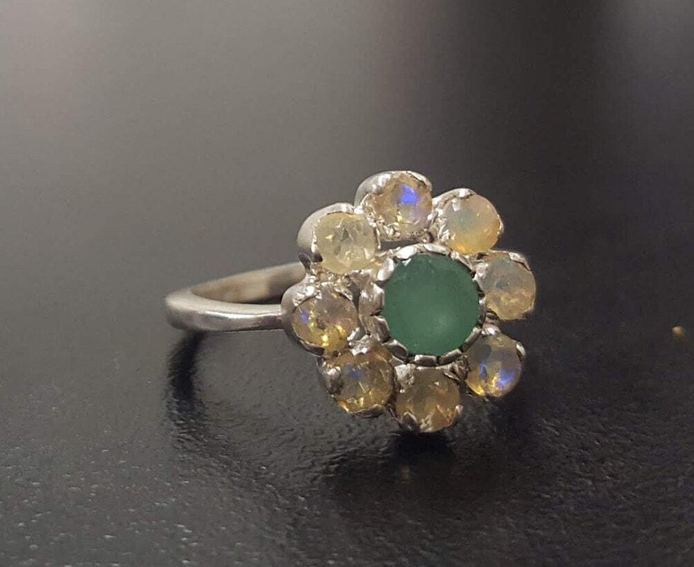 Natural Emerald Ring made in 925 Sterling Silver with Round Natural Green Emerald in Cluster setting, May Birthstone gift idea, symbolizes growth, harmony, and deep emotional healing, ideal for everyday wear and perfect for birthday gifting and special occasions.