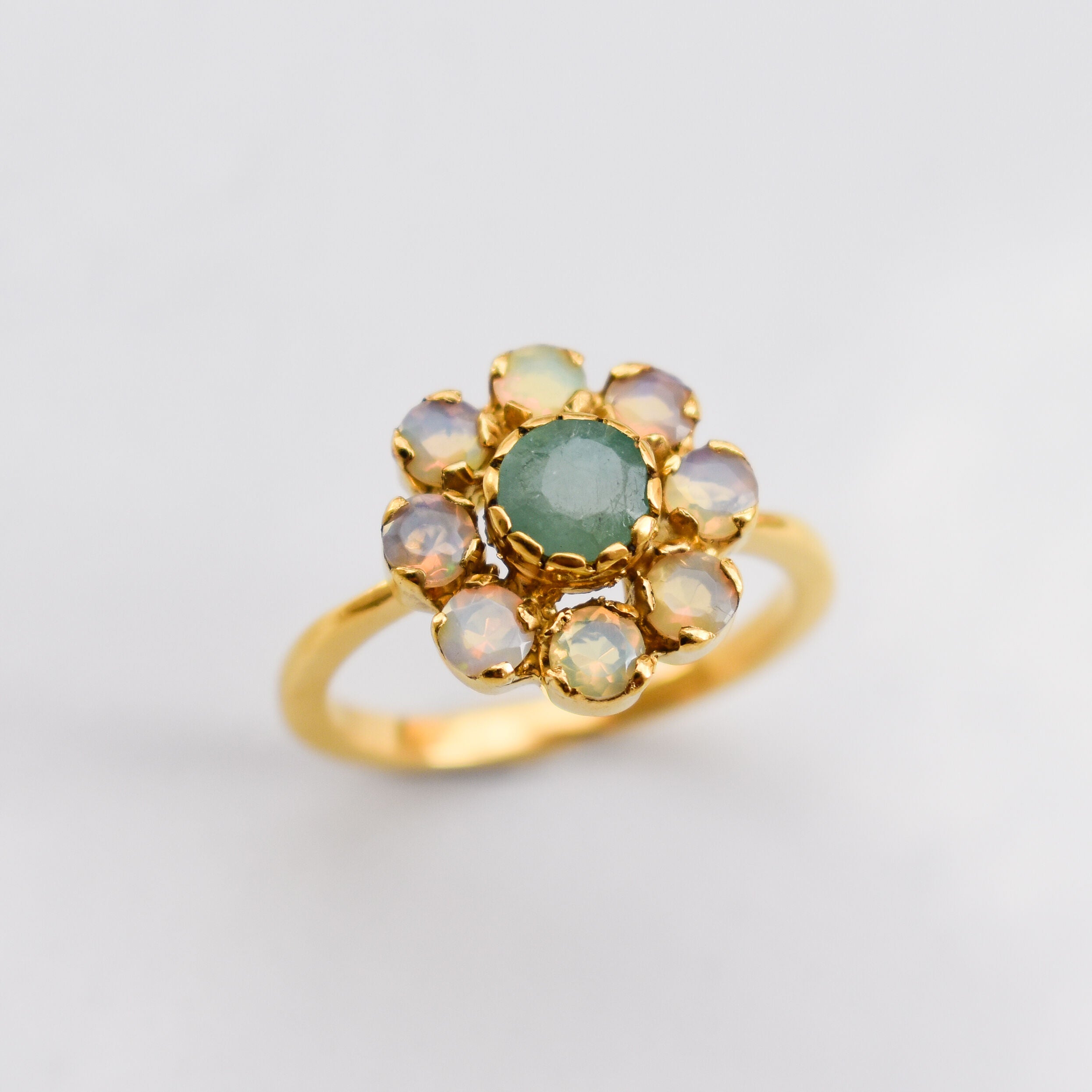 Flower Ring, Natural Emerald Ring, Natural Opal Ring, Vintage Flower Ring, October Birthstone, May Birthstone, Daisy Ring, 925 Silver Ring(1)