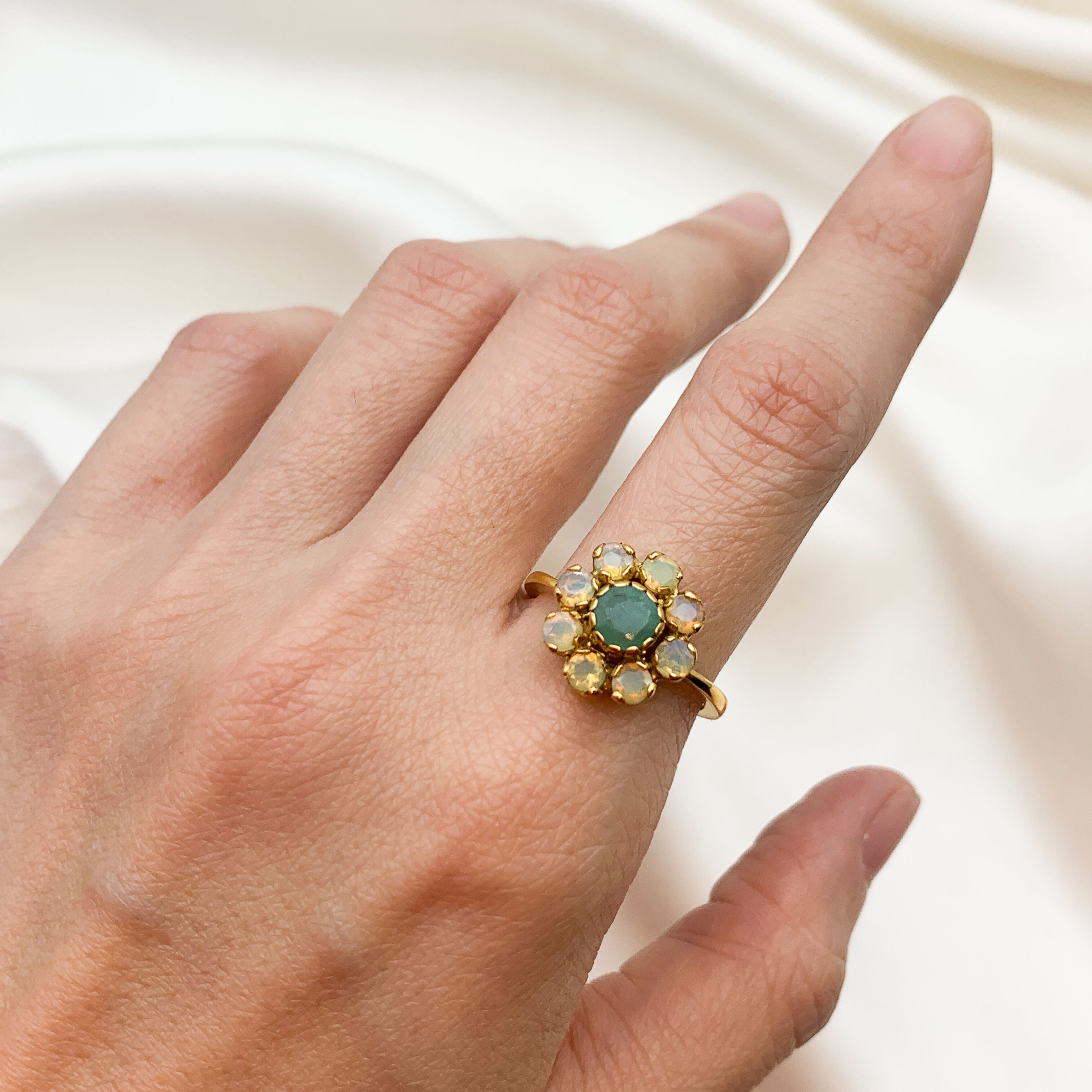 Flower Ring, Natural Emerald Ring, Natural Opal Ring, Vintage Flower Ring, October Birthstone, May Birthstone, Daisy Ring, 925 Silver Ring(1)