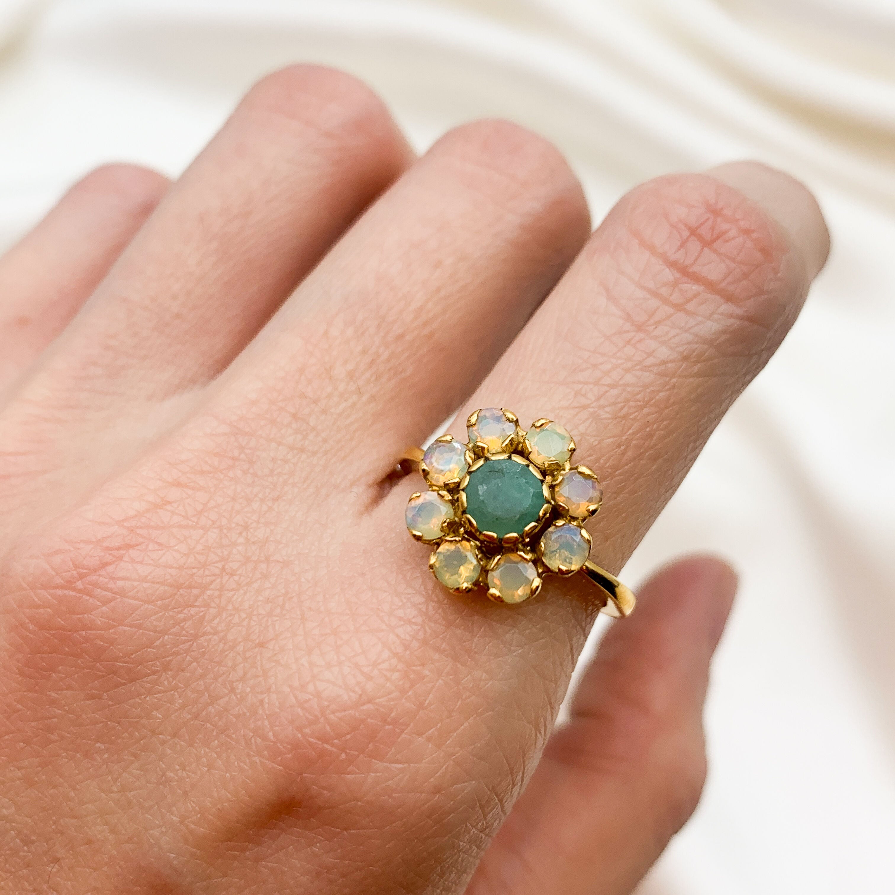 Elegant 18k Gold Vermeil Natural Emerald Ring, cluster setting, perfect for May birthdays and everyday wear.