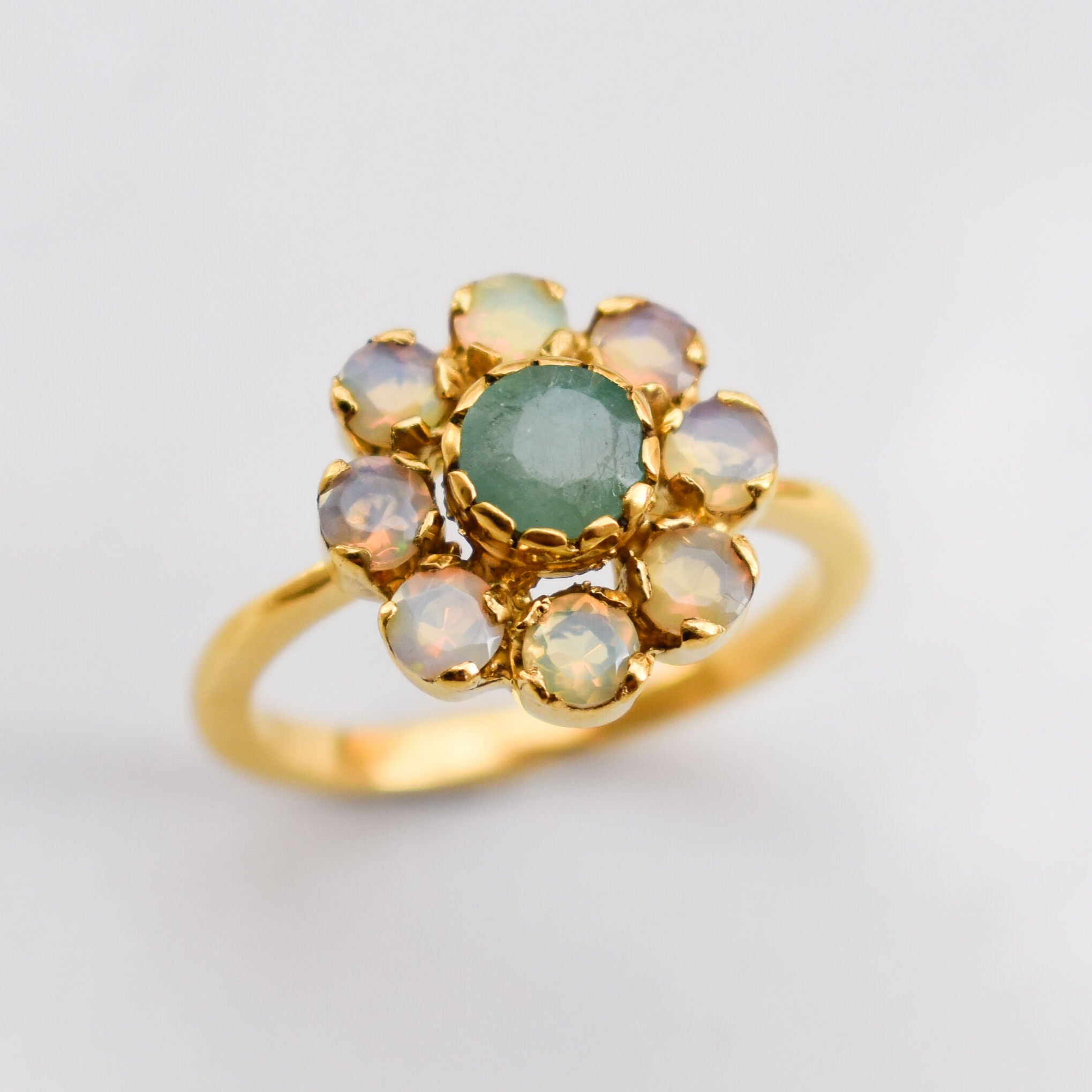 Natural Emerald Ring made in 18k Gold Vermeil with Round Natural Green Emerald in Cluster setting, May Birthstone gift idea, symbolizes growth, harmony, and deep emotional healing, ideal for everyday wear and perfect for birthday gifting and special occasions.