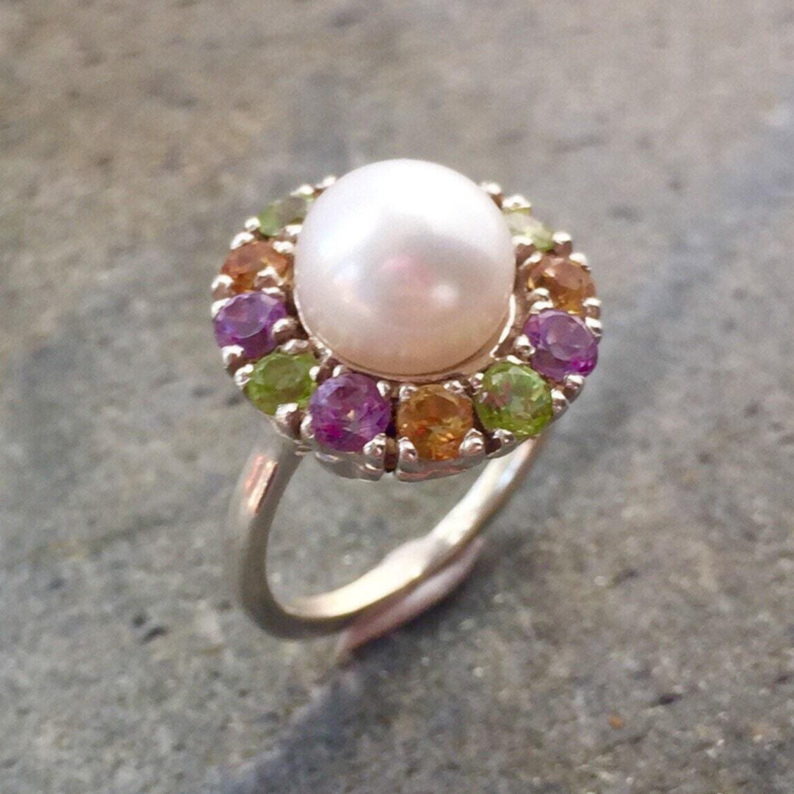 Pearl Ring, Natural Pearl, Topaz Ring, Natural Topaz, White Pearl, June Birthstone Ring, Amethyst, Citrine, Peridot, Solid Silver Ring
