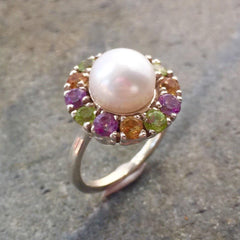 Pearl Ring, Natural Pearl, Topaz Ring, Natural Topaz, White Pearl, June Birthstone Ring, Amethyst, Citrine, Peridot, Solid Silver Ring