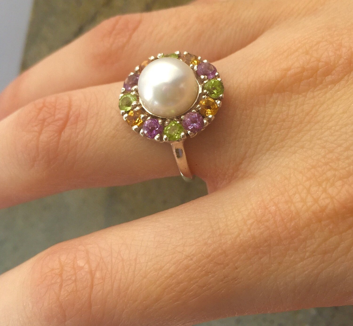Pearl Ring, Natural Pearl, Topaz Ring, Natural Topaz, White Pearl, June Birthstone Ring, Amethyst, Citrine, Peridot, Solid Silver Ring