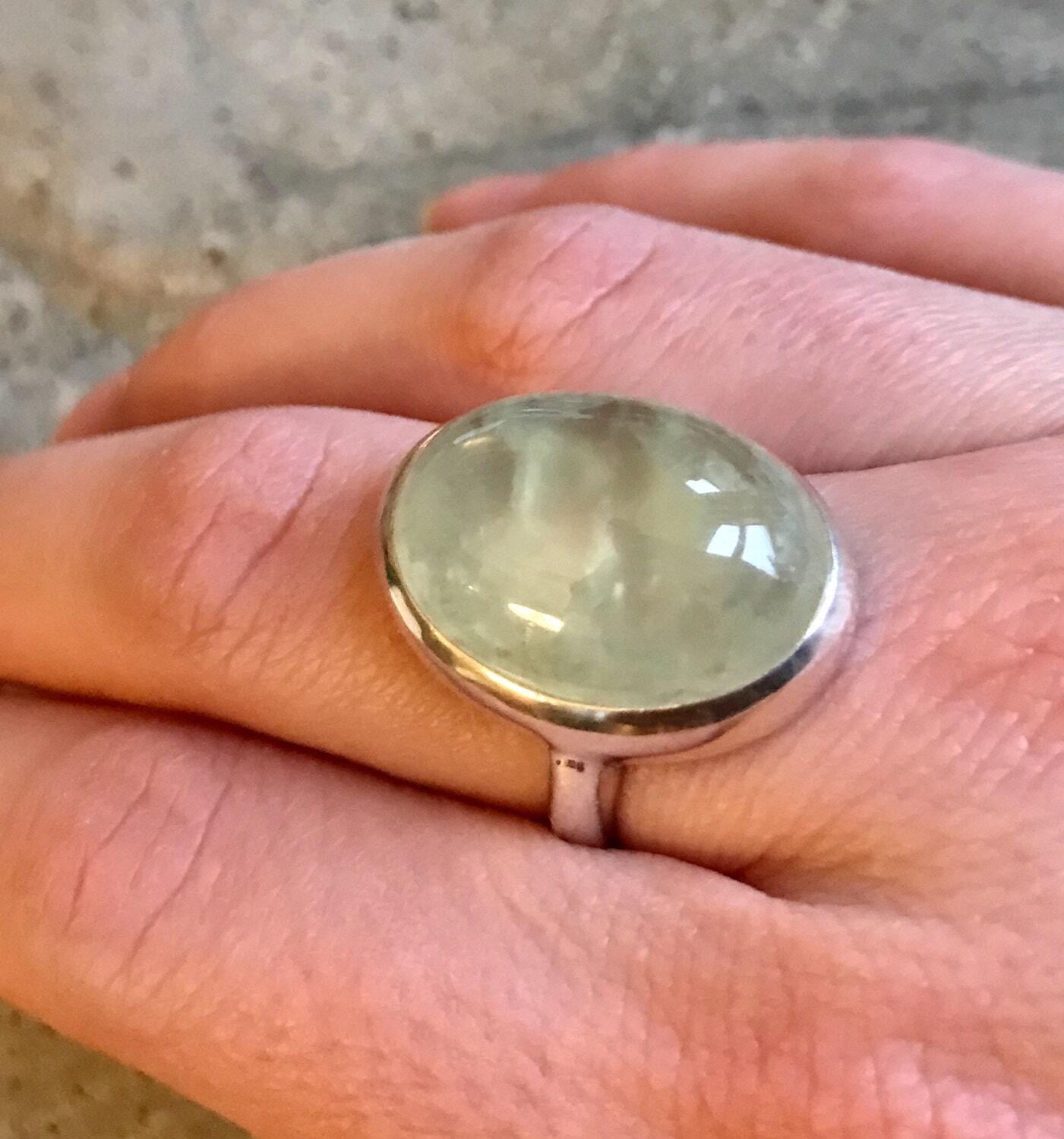 Prehnite Ring, Natural Prehnite, May Birthstone Ring, Healing Stones, Green Ring, Vintage Rings, Green Stone, Huge Stone, Solid Silver Ring