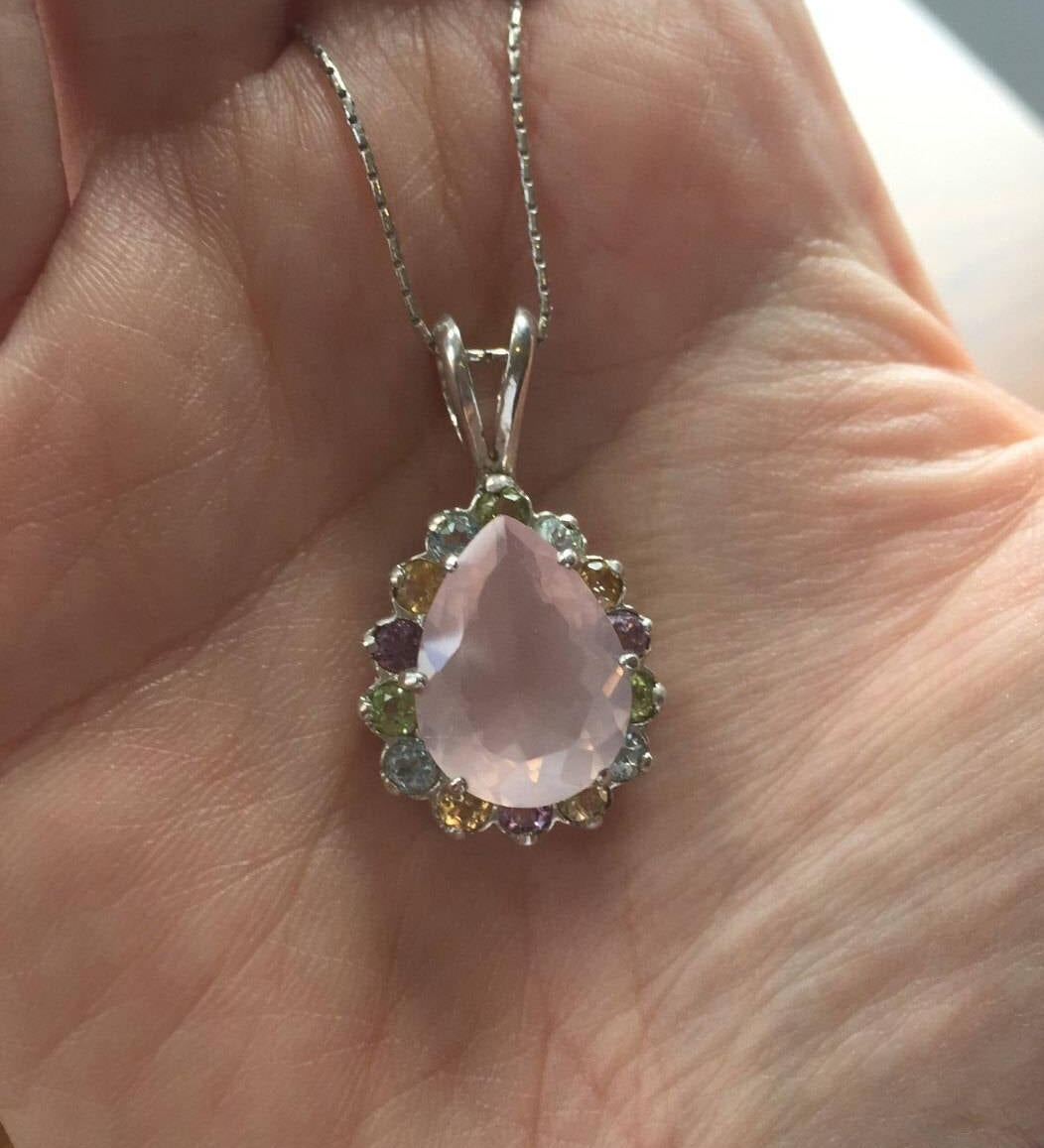 Rose Quartz Pendant, Teardrop Pendant,  Pink Diamond, Natural Stones, Topaz Pendant, Birthstone Pendant, Vintage Pendant, Solid Silver, Pink