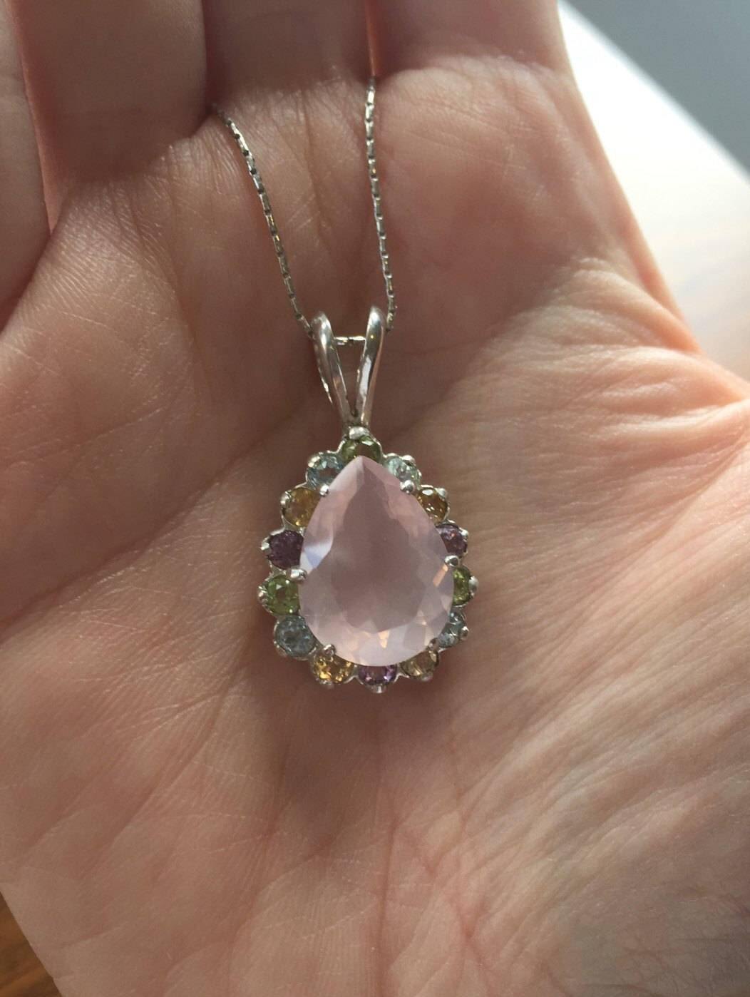 Rose Quartz Pendant, Teardrop Pendant,  Pink Diamond, Natural Stones, Topaz Pendant, Birthstone Pendant, Vintage Pendant, Solid Silver, Pink