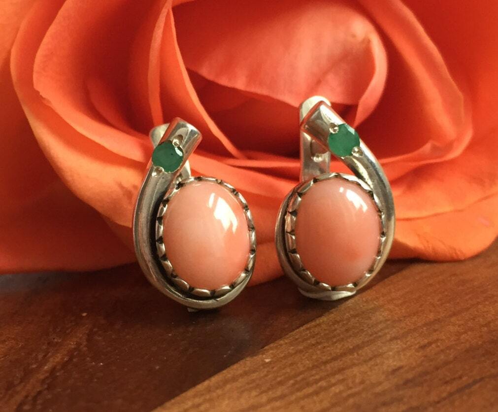 Coral Earrings, Angel Skin Coral, Natural Coral, Pink Coral, Vintage Coral Earrings, Coral Studs, Natural Emerald, Solid Silver, Pink Studs