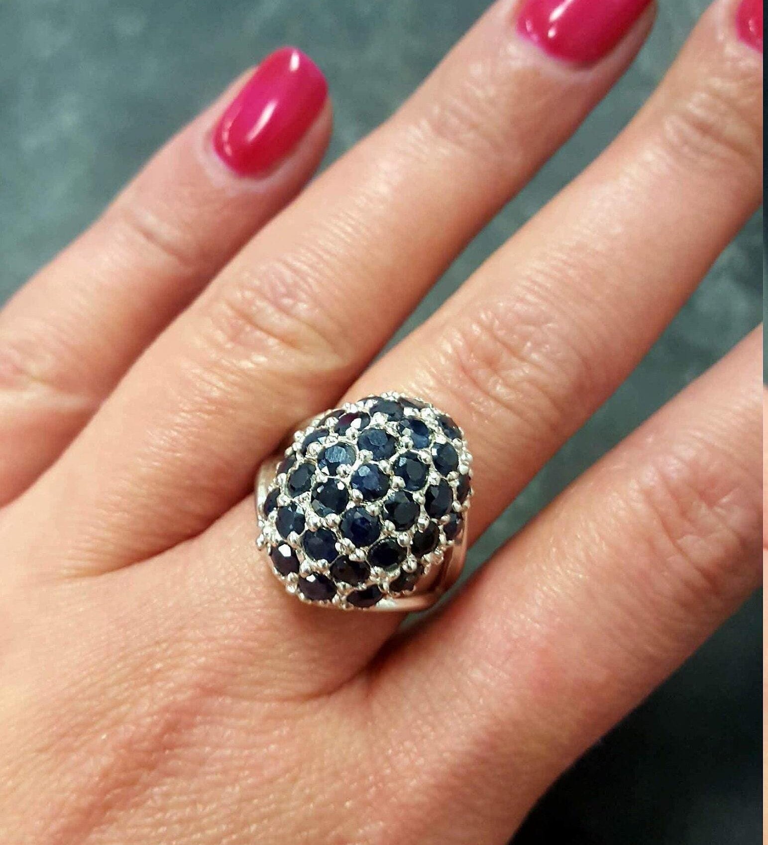 Cluster set 925 Sterling Silver ring featuring a vibrant Round Natural Blue Sapphire, perfect for September birthdays and special occasions.