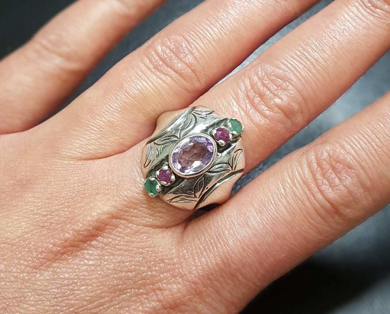 Amethyst Ring, Natural Amethyst, Boho Ring, Statement Ring, February Birthstone, Tribal Ring, Bohemian Ring, 925 Silver Ring, Emerald, Ruby