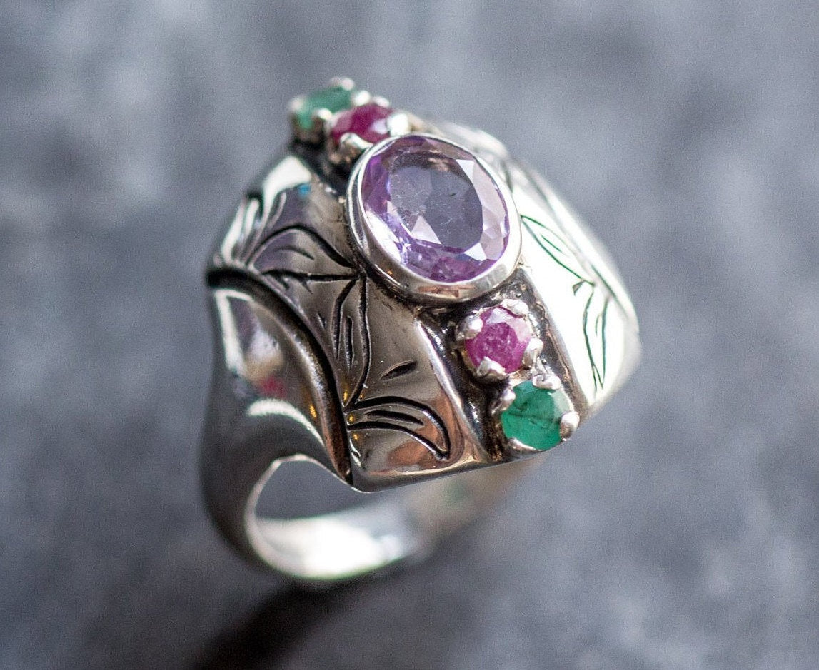 Amethyst Ring, Natural Amethyst, Boho Ring, Statement Ring, February Birthstone, Tribal Ring, Bohemian Ring, 925 Silver Ring, Emerald, Ruby