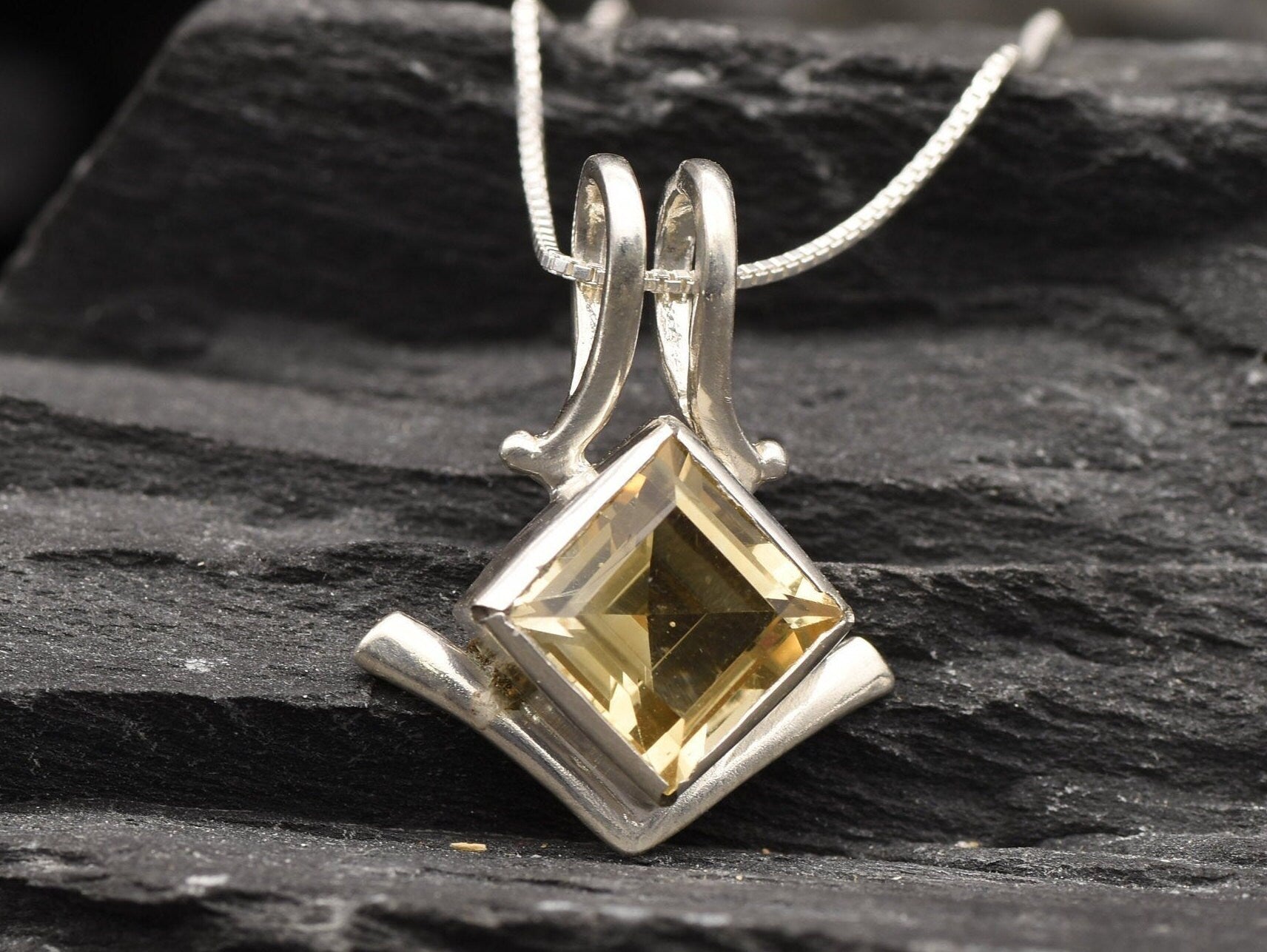 Citrine Pendant, Natural Citrine, November Birthstone, Diamond Square Pendant, Tribal Pendant, Vintage Pendant, Citrine Necklace, 925 Silver