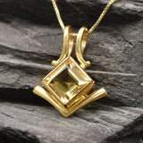 Gold Citrine Pendant - Natural Citrine Necklace, Princess Cut Gold Pendant