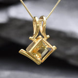 Gold Citrine Pendant - Natural Citrine Necklace, Princess Cut Gold Pendant