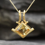 Gold Citrine Pendant - Natural Citrine Necklace, Princess Cut Gold Pendant