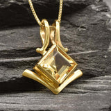 Gold Citrine Pendant - Natural Citrine Necklace, Princess Cut Gold Pendant