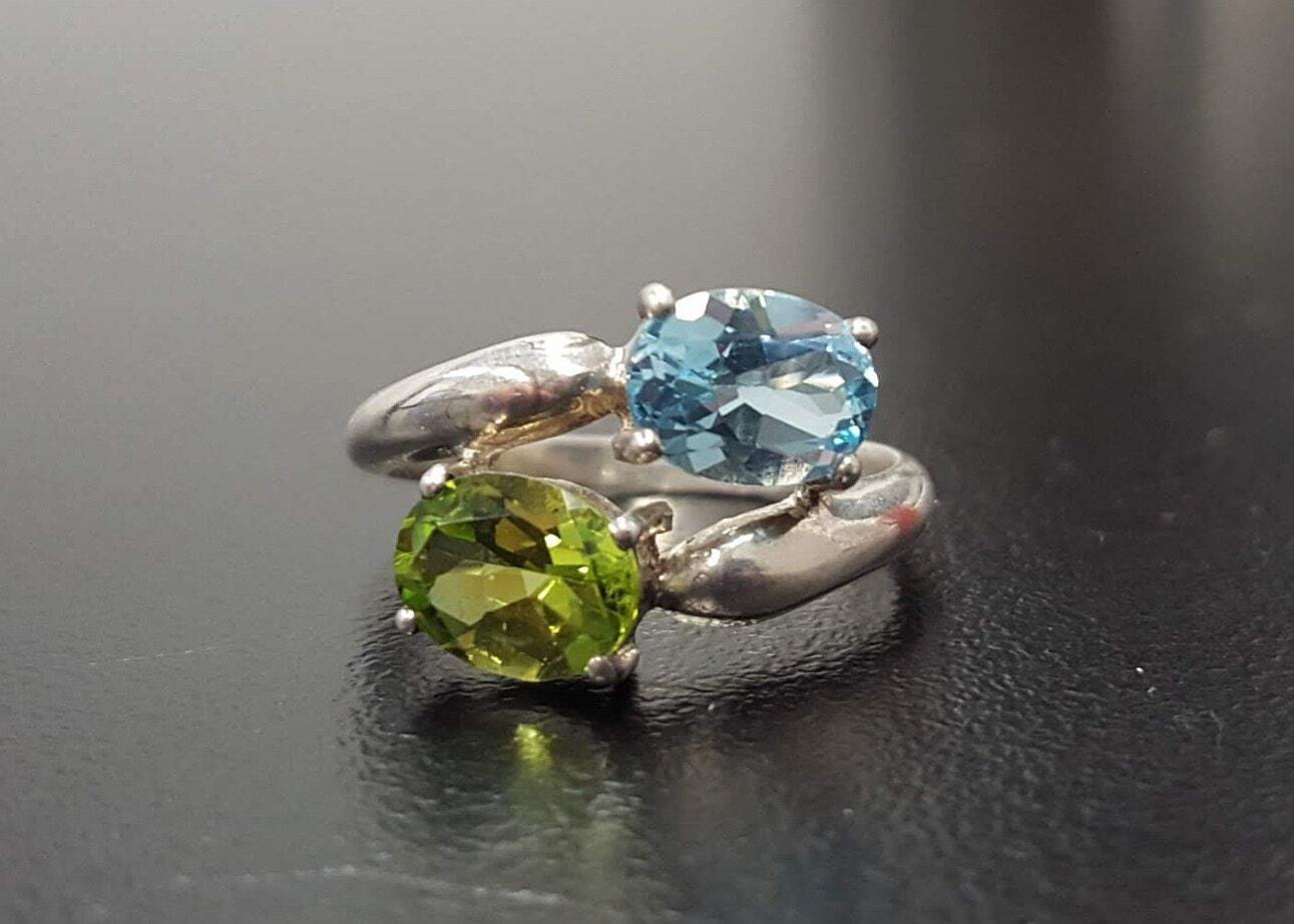 Topaz Ring, Blue Topaz Ring, Peridot Ring, 2 Stone Ring, December Ring, August Ring, Multistone Ring, Unique Topaz Ring, Solid Silver, Topaz