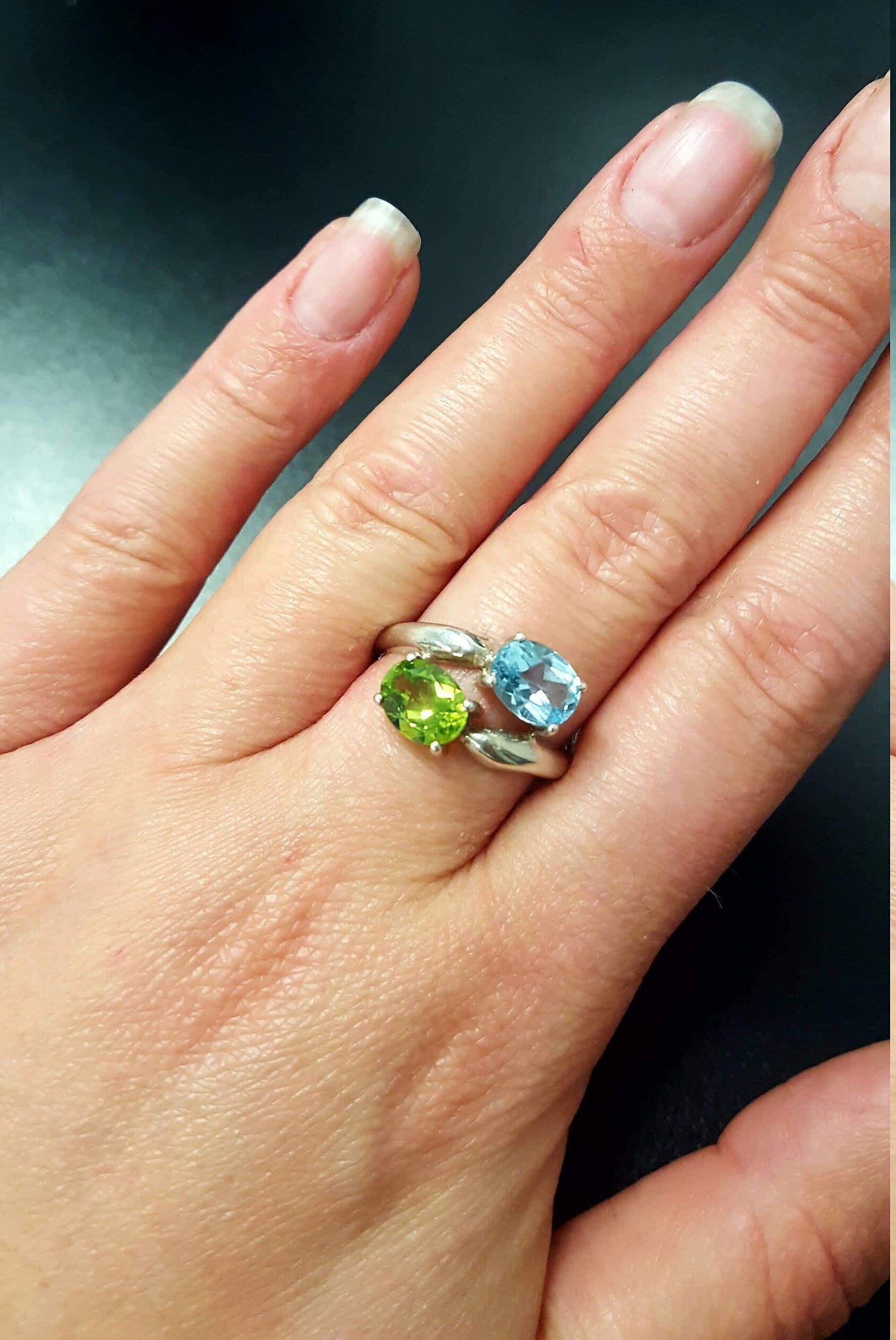 Topaz Ring, Blue Topaz Ring, Peridot Ring, 2 Stone Ring, December Ring, August Ring, Multistone Ring, Unique Topaz Ring, Solid Silver, Topaz