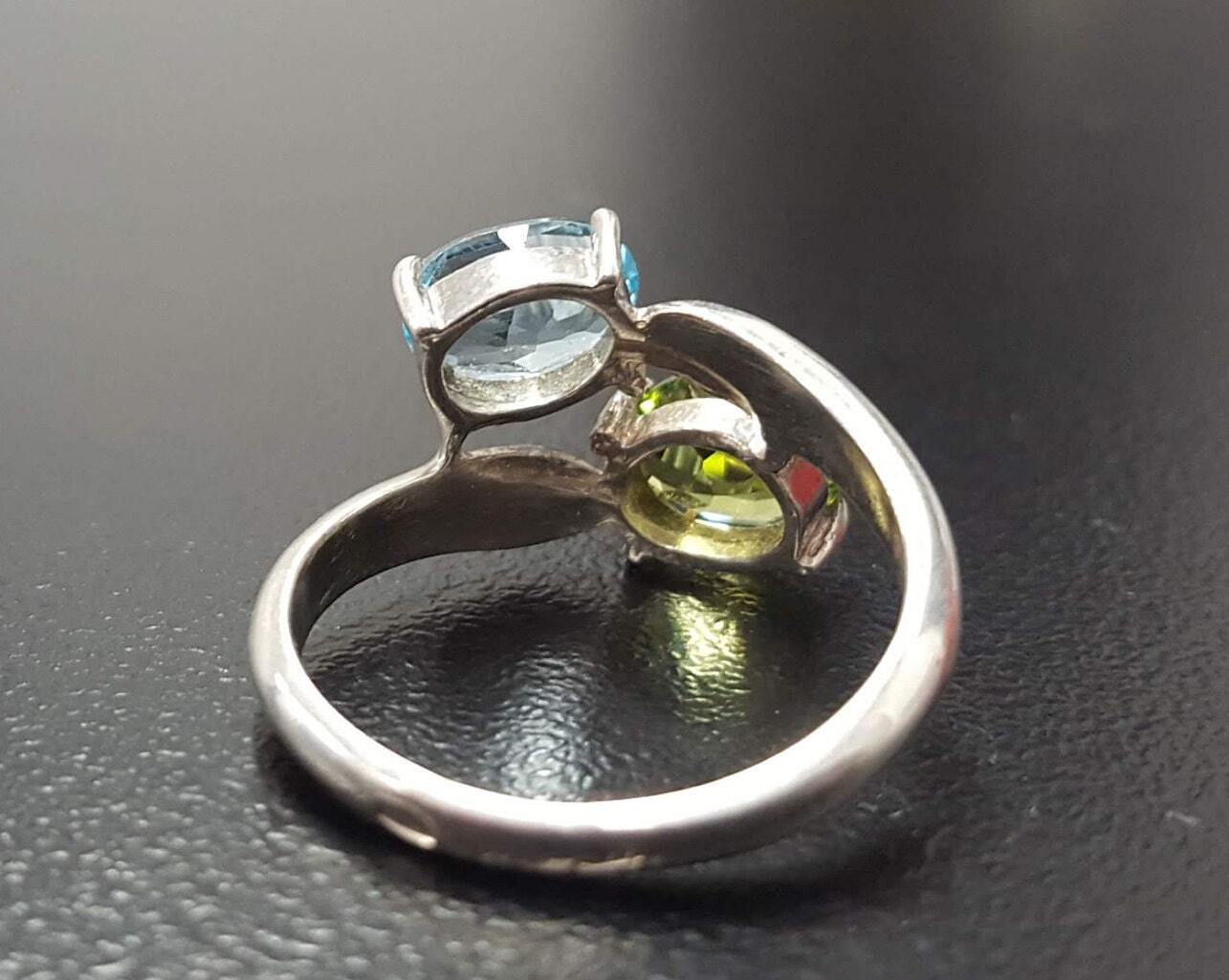 Topaz Ring, Blue Topaz Ring, Peridot Ring, 2 Stone Ring, December Ring, August Ring, Multistone Ring, Unique Topaz Ring, Solid Silver, Topaz