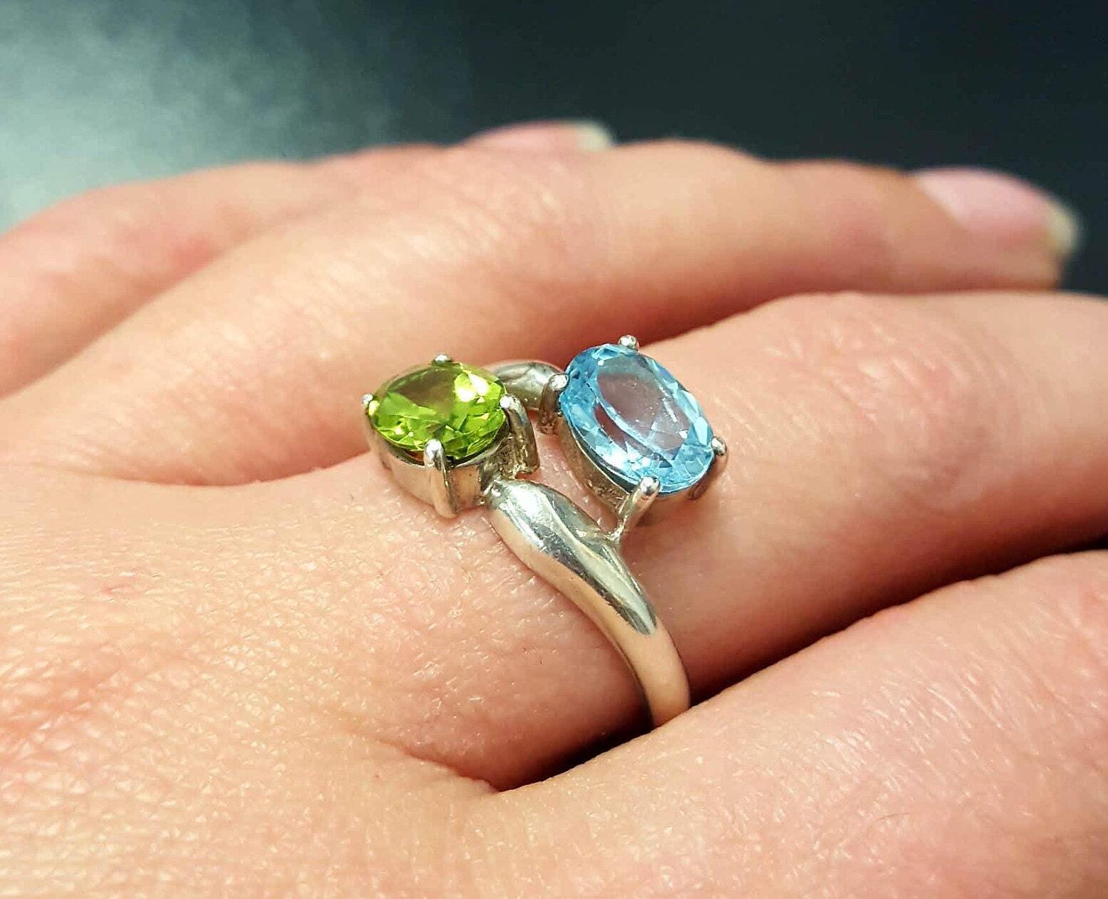 Topaz Ring, Blue Topaz Ring, Peridot Ring, 2 Stone Ring, December Ring, August Ring, Multistone Ring, Unique Topaz Ring, Solid Silver, Topaz