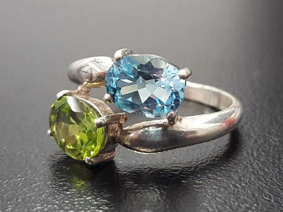 Topaz Ring, Blue Topaz Ring, Peridot Ring, 2 Stone Ring, December Ring, August Ring, Multistone Ring, Unique Topaz Ring, Solid Silver, Topaz