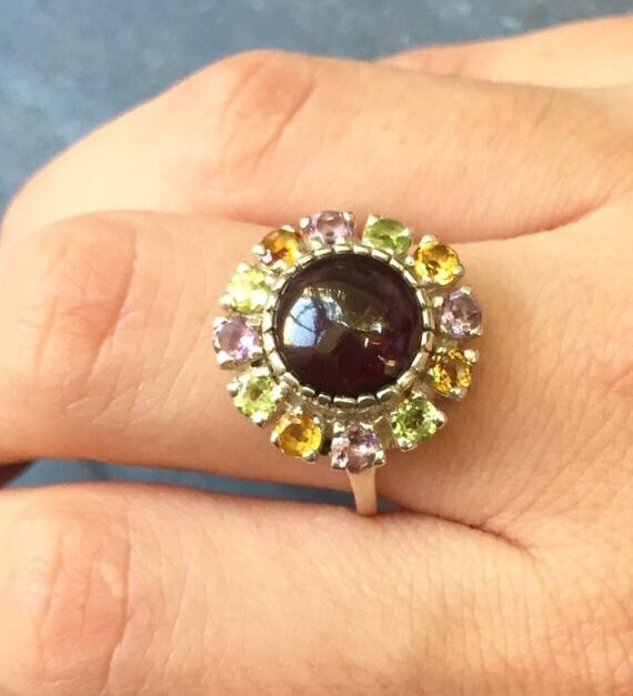 Turquoise Ring, Natural Turquoise, Victorian Ring, Vintage Ring, Emerald Ring, Ruby Ring, December Birthstone, May Birthstone, Solid Silver