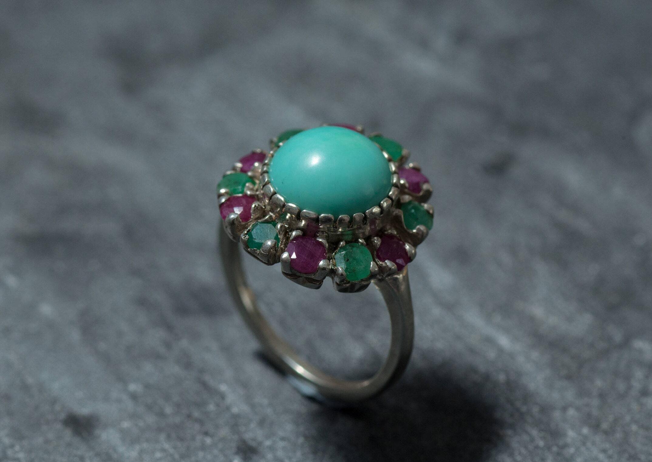 Turquoise Ring, Natural Turquoise, Victorian Ring, Vintage Ring, Emerald Ring, Ruby Ring, December Birthstone, May Birthstone, Solid Silver