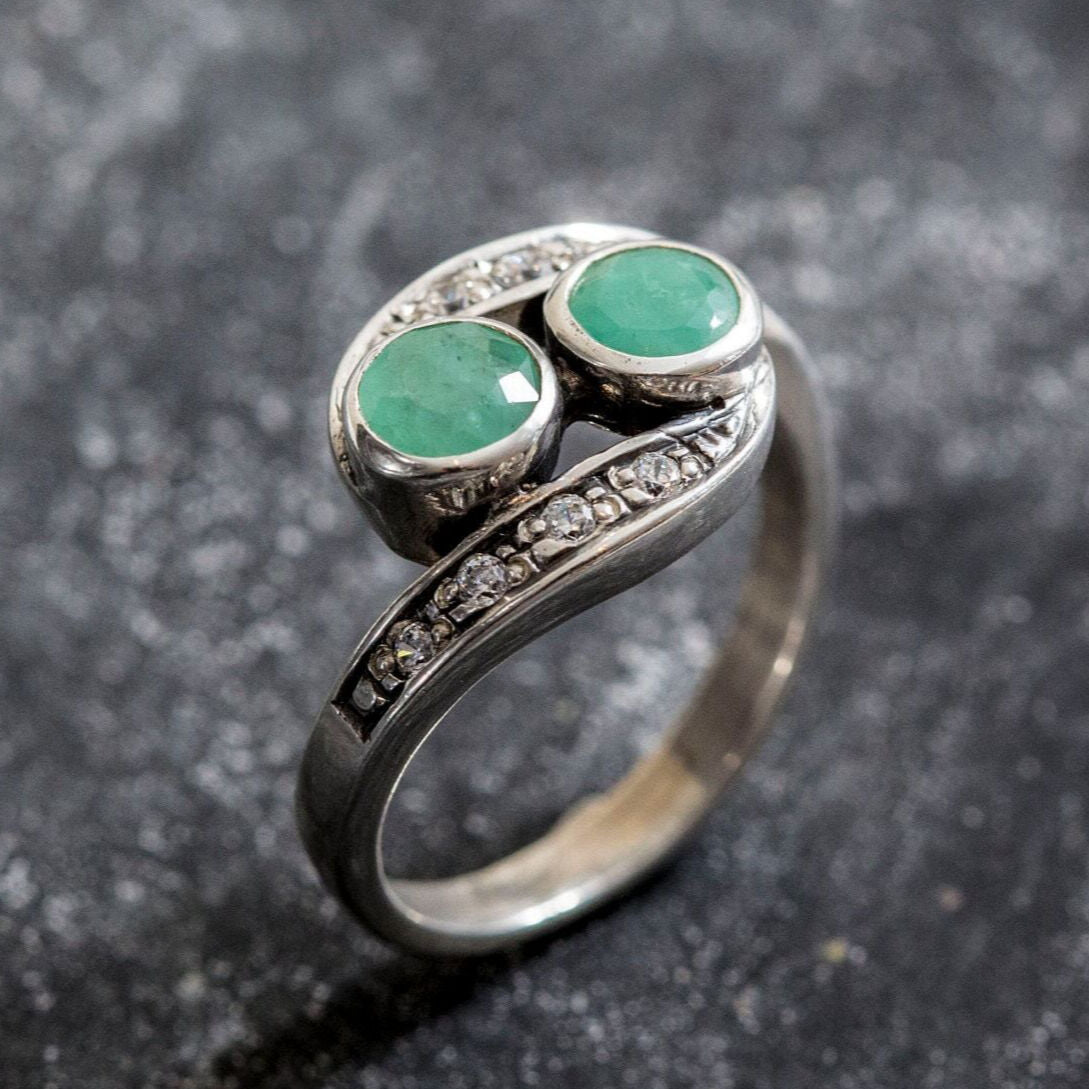 Natural Emerald Ring made in 925 Sterling Silver with Round Natural Green Emerald in Two-Stone setting, May Birthstone gift idea, symbolizes growth, harmony, and deep emotional healing, ideal for everyday wear and perfect for birthday gifting and special occasions.