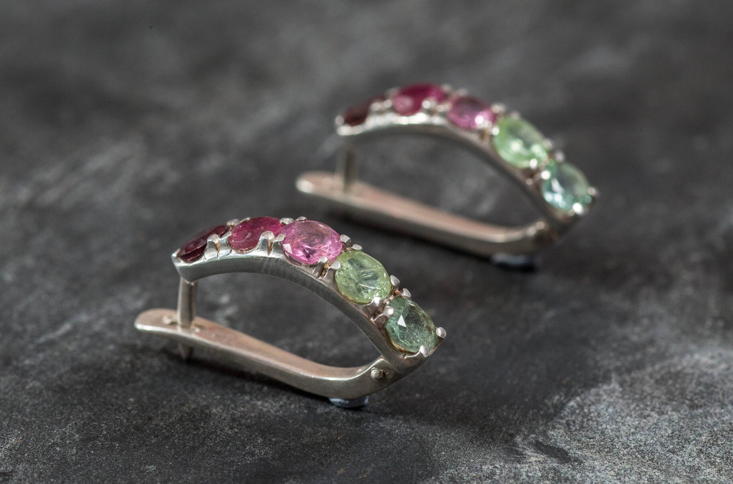Tourmaline Earrings, Pink Tourmaline Earrings, Green Tourmaline Earrings, Unique Earrings, October Birthstone, Silver Earrings, Tourmaline