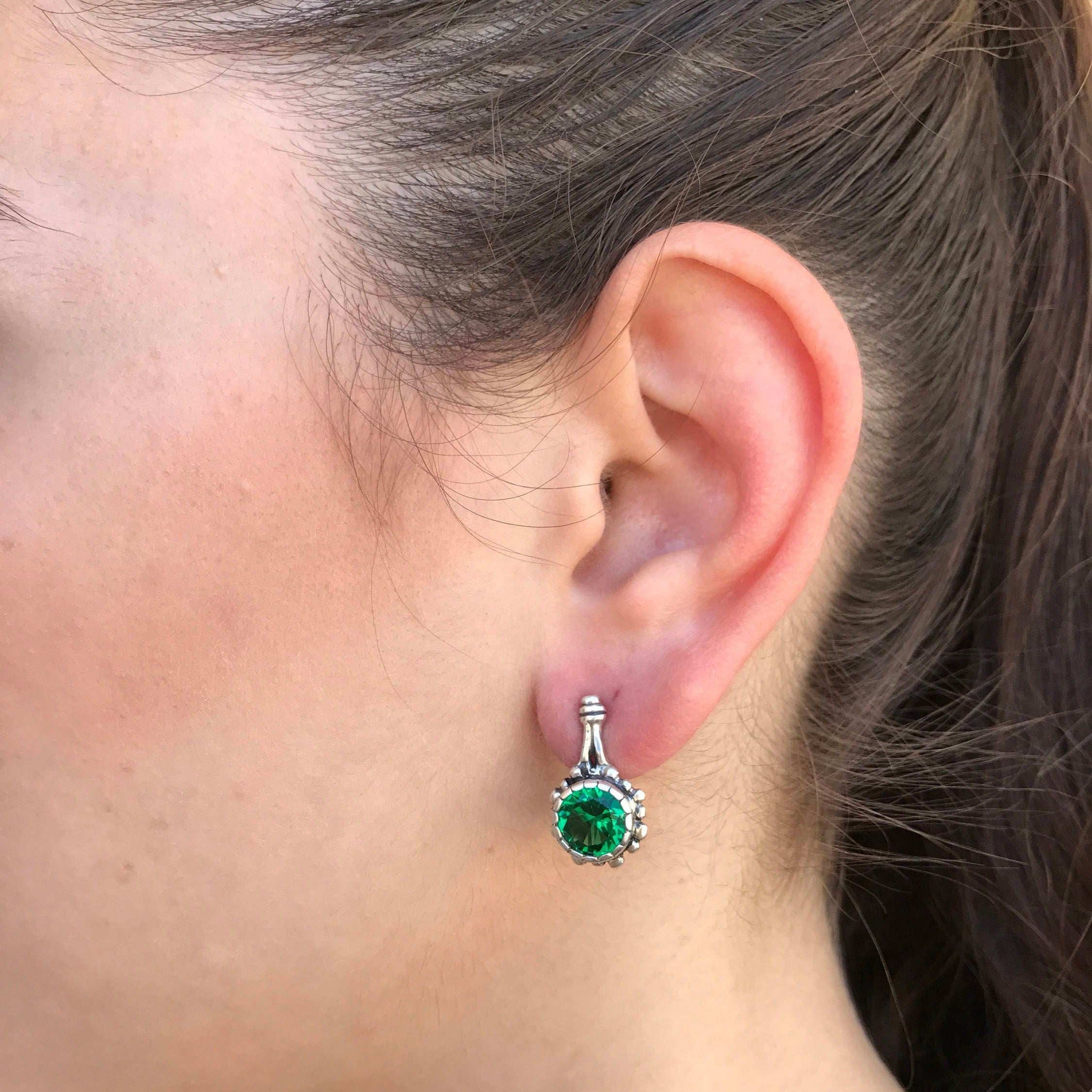 Elegant 925 Sterling Silver Emerald Earrings with Round Created Green Emeralds, perfect for May birthdays and special occasions.