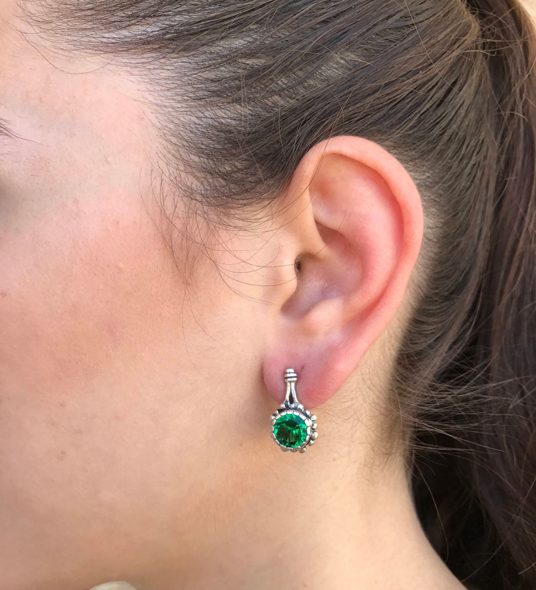 Elegant 925 Sterling Silver Emerald Earrings with Round Created Green Emeralds, perfect for May birthdays and special occasions.