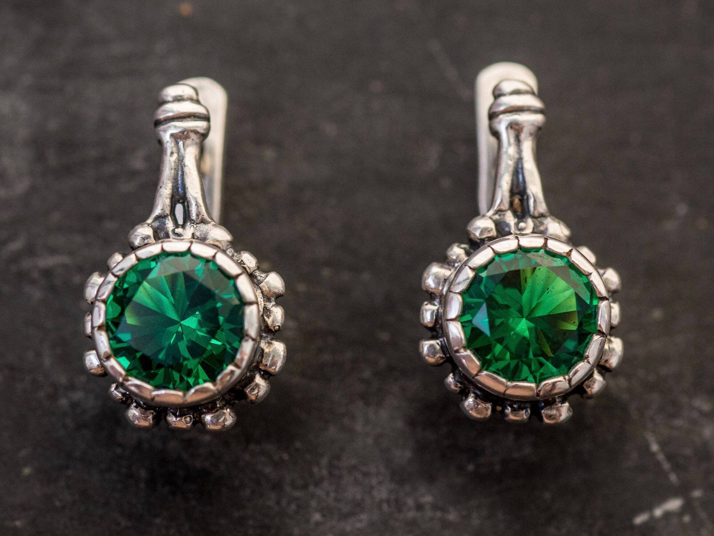Created Emerald Earrings made in 925 Sterling Silver with Round Created Green Emerald in Prong setting, May Birthstone gift idea, symbolizes, ideal for everyday wear and perfect for birthday gifting and special occasions.