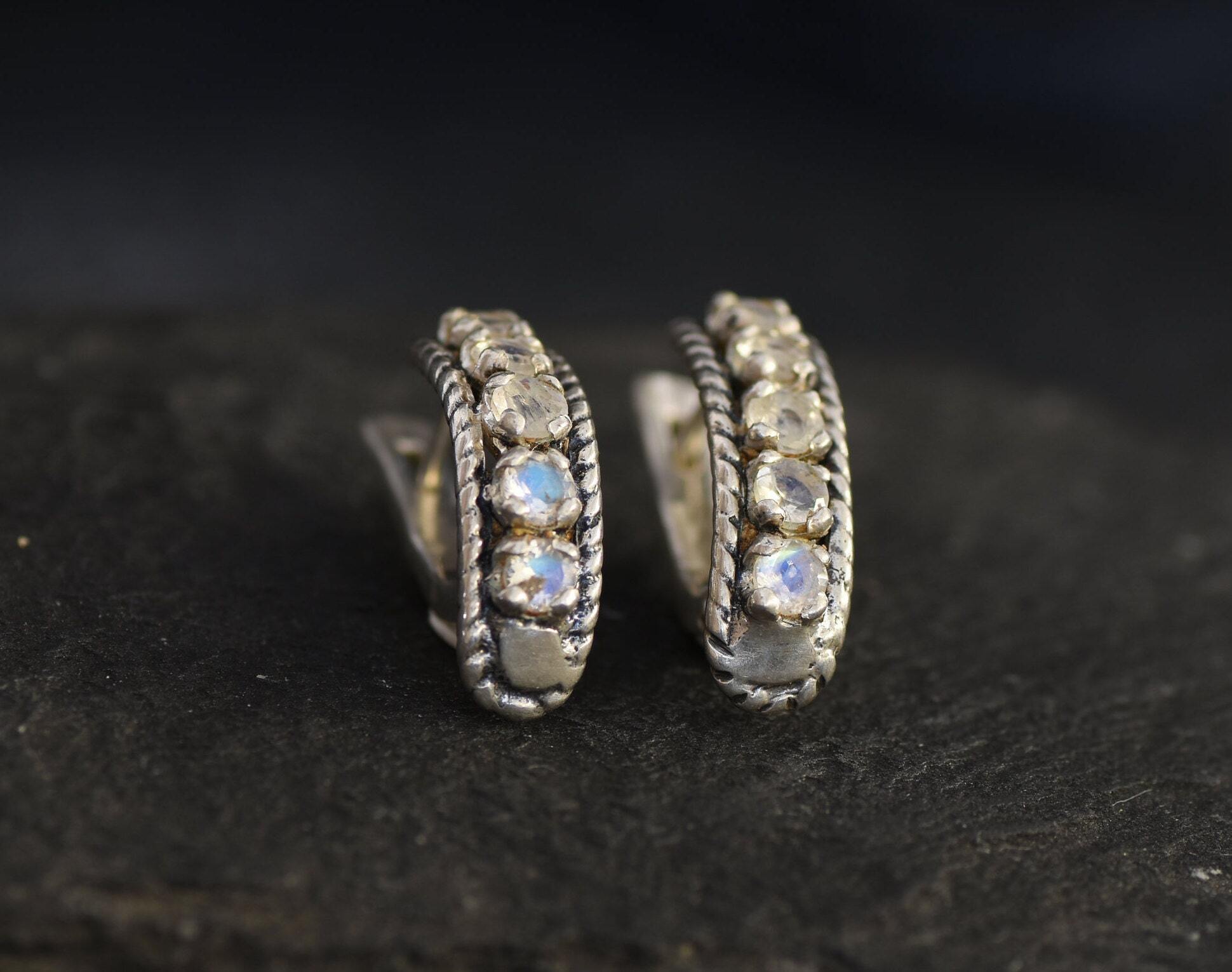 Moonstone Earrings, Natural Moonstone, June Birthstone, Half Eternity Earrings, Vintage Earrings, 925 Silver Earrings, Rainbow Moonstone