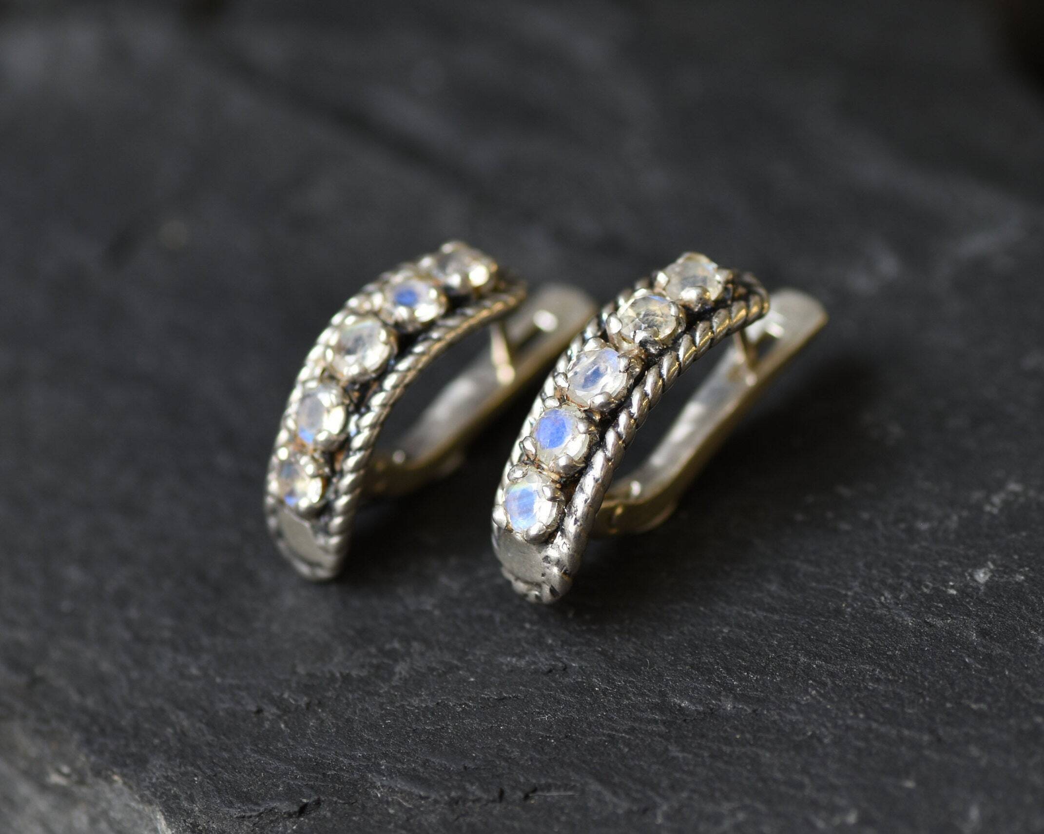 Moonstone Earrings, Natural Moonstone, June Birthstone, Half Eternity Earrings, Vintage Earrings, 925 Silver Earrings, Rainbow Moonstone