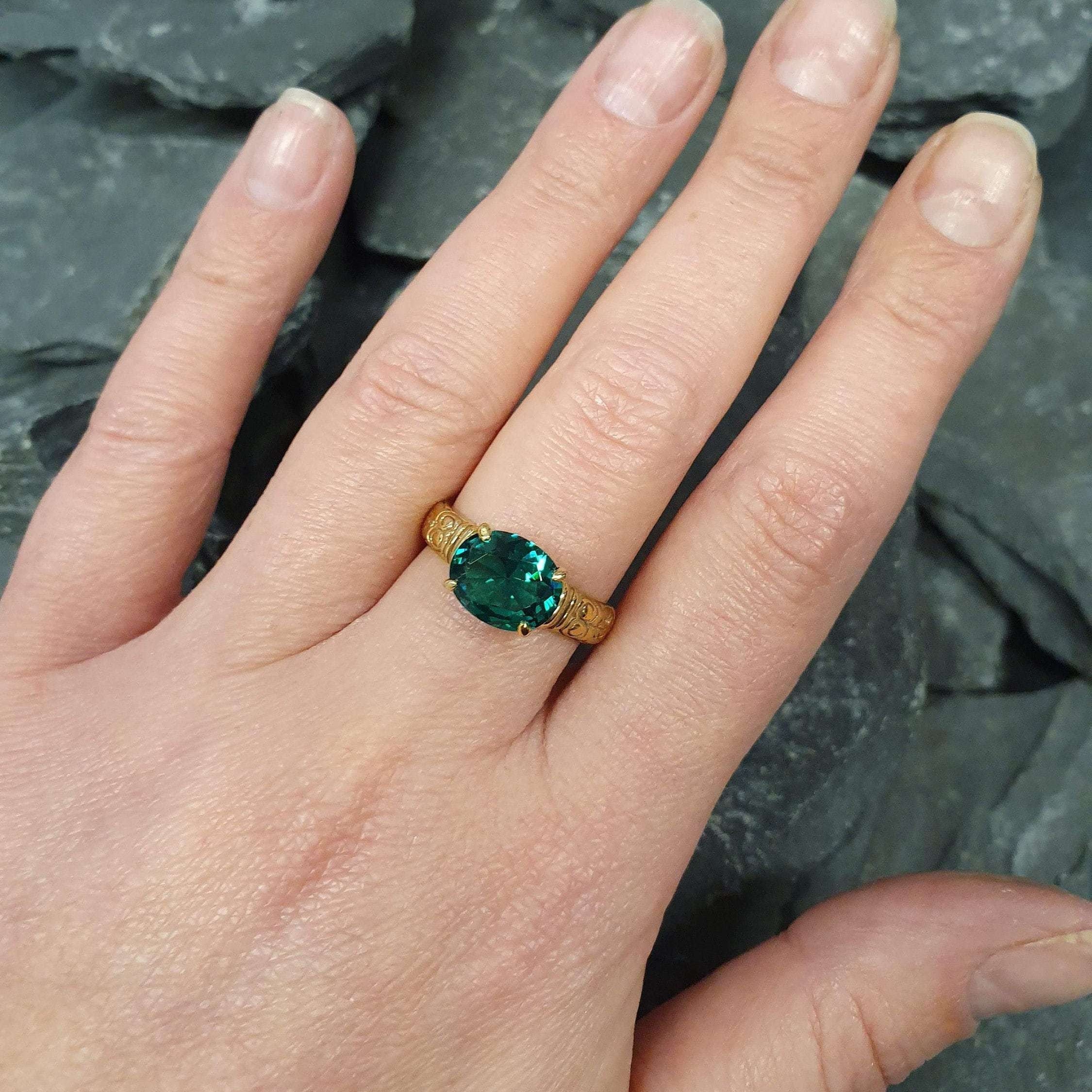 Elegant 18k Gold Vermeil Emerald Ring with Oval Created Green Emerald, perfect for birthdays and everyday wear as May's gem.