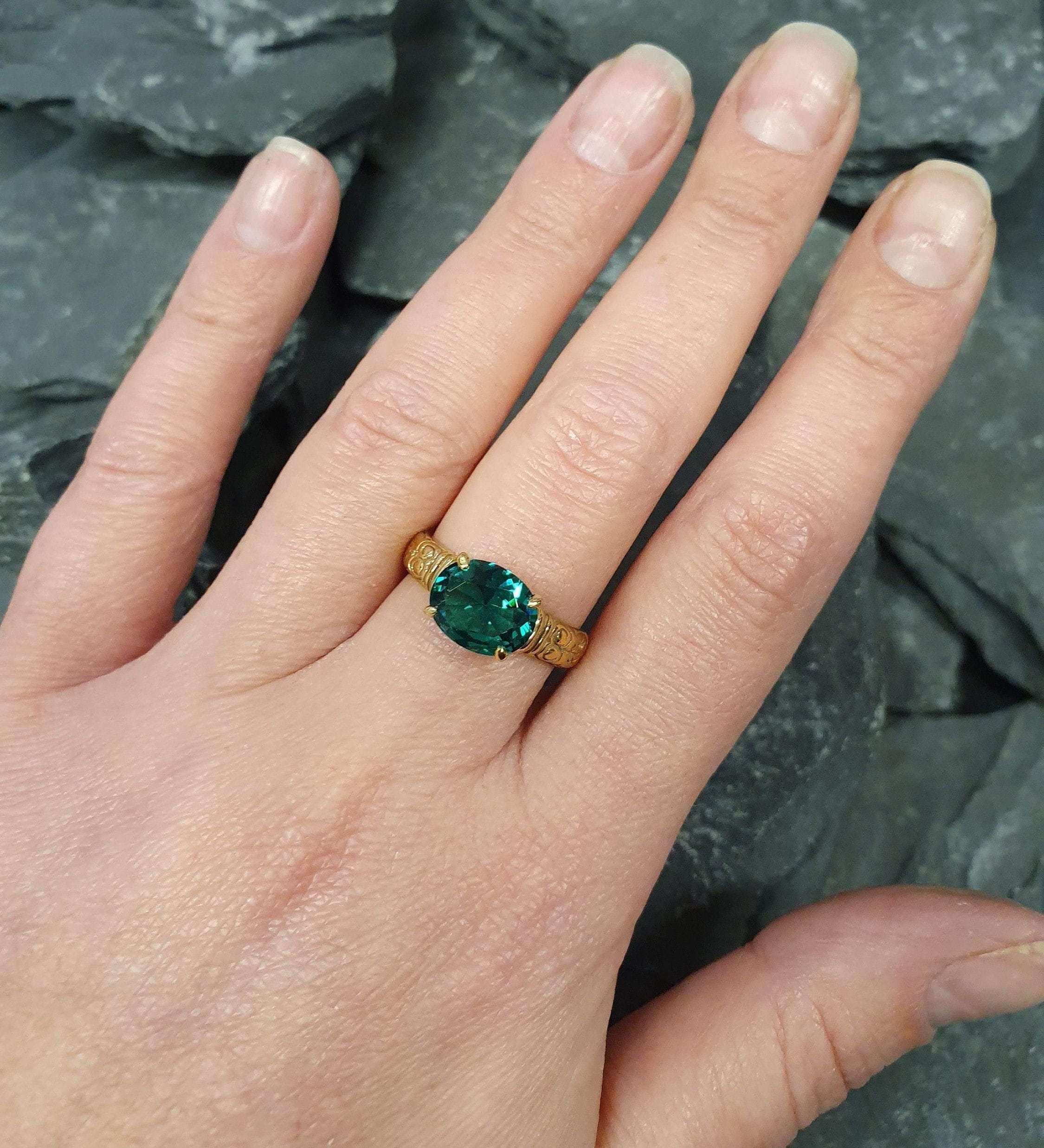 Elegant 18k Gold Vermeil Emerald Ring with Oval Created Green Emerald, perfect for birthdays and everyday wear as May's gem.