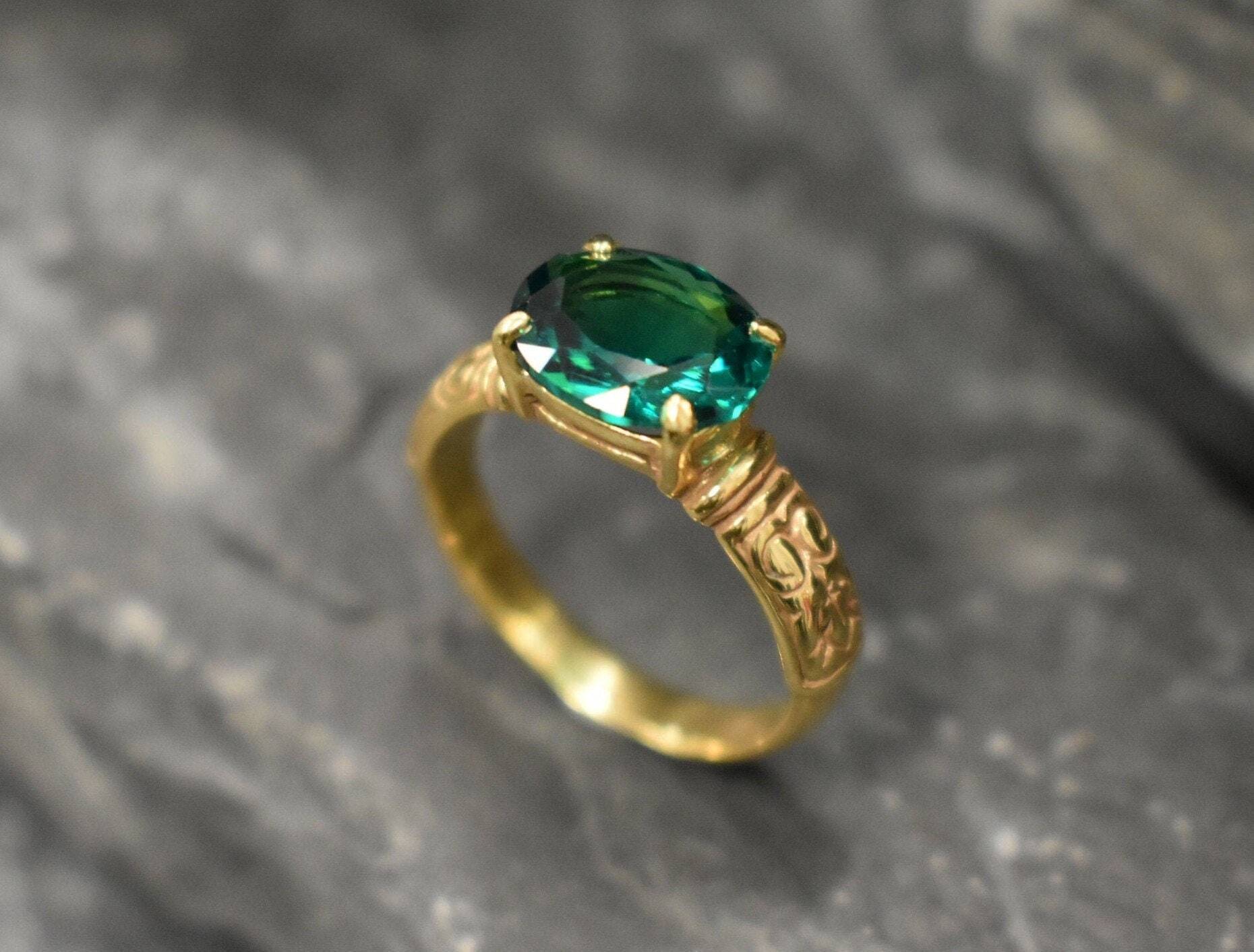Created Emerald Ring made in 18k Gold Vermeil with Oval Created Green Emerald in Prong setting, May Birthstone gift idea, symbolizes, ideal for everyday wear and perfect for birthday gifting and special occasions.