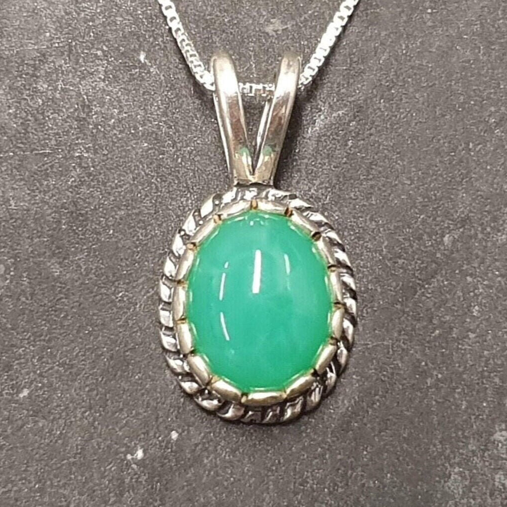 Chrysoprase Necklace, Green Oval Pendant, Natural Chrysoprase, Victorian Pendant, Vintage Pendant, Dainty Pendant, Solid Silver Necklace