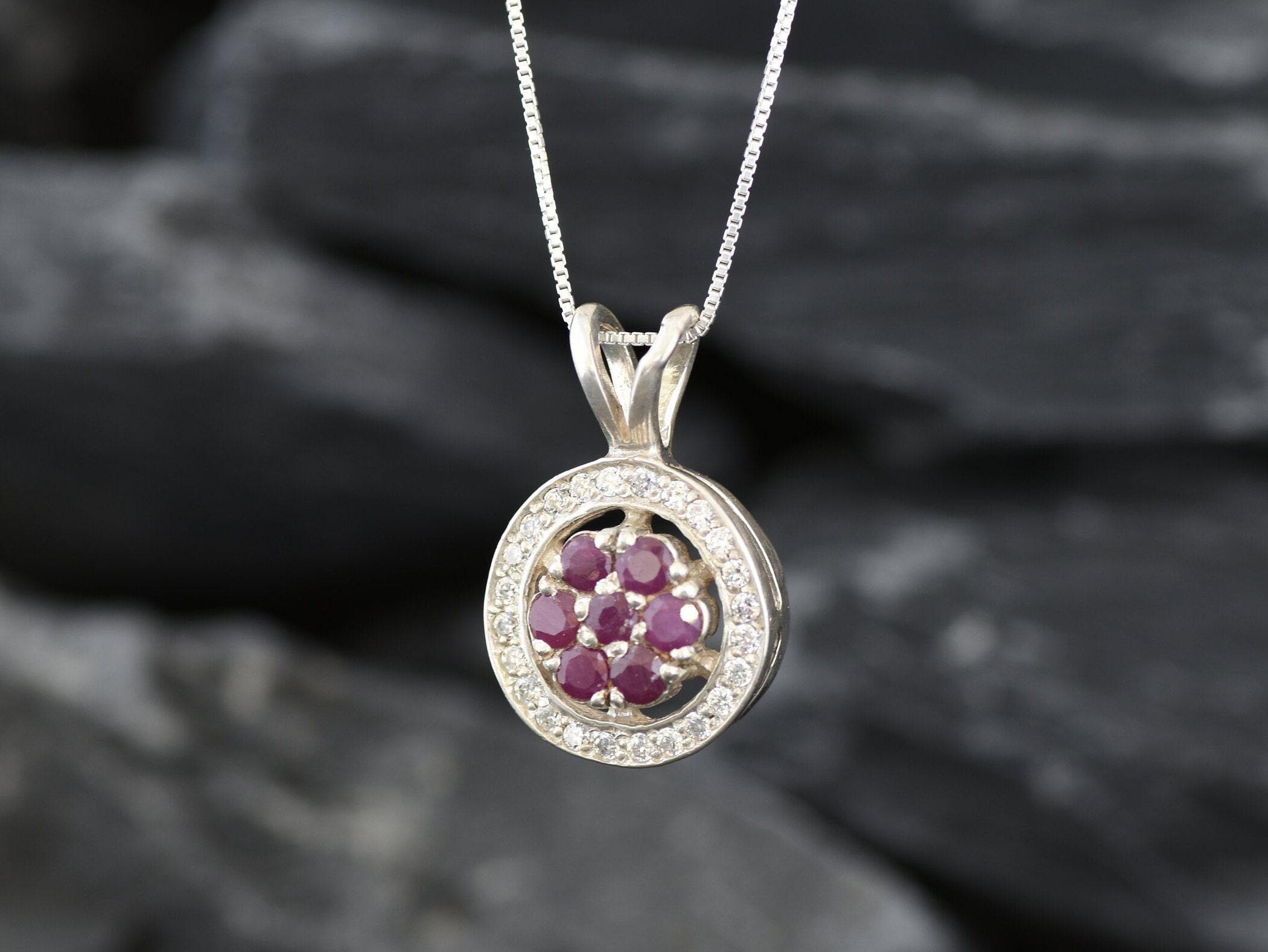 Natural Ruby Pendant made in 925 Sterling Silver with Round Natural Red Ruby in Cluster setting, July Birthstone gift idea, symbolizes nobility, purity, and passion, ideal for everyday wear and perfect for birthday gifting and special occasions.