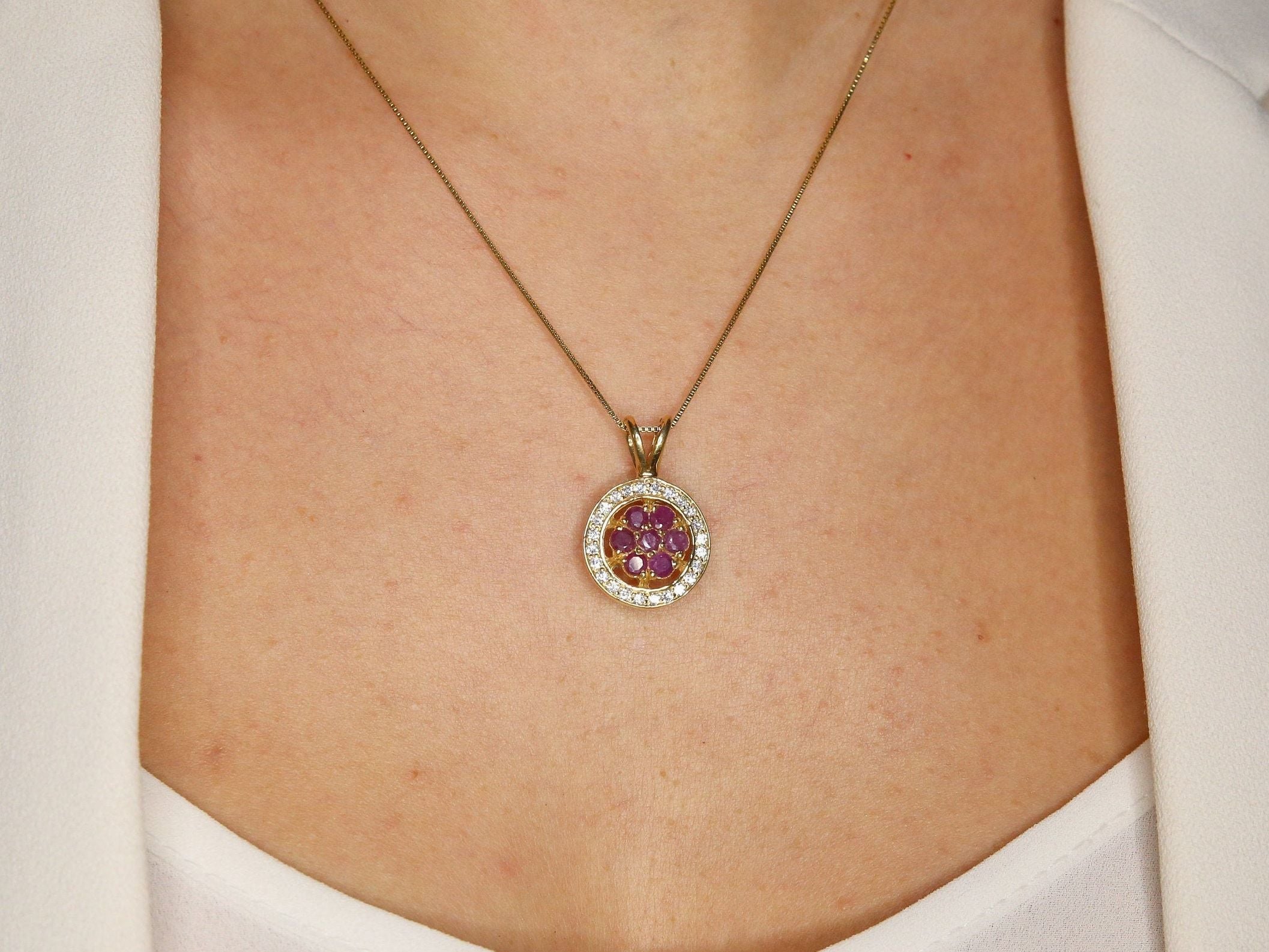 Elegant 18k Gold Vermeil Natural Ruby Pendant, featuring a cluster of round rubies, ideal for July birthdays and special occasions.