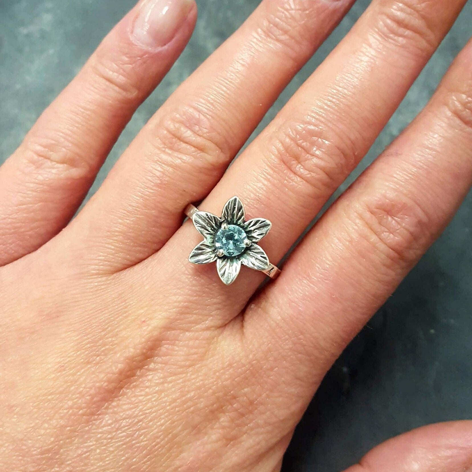Aquamarine Ring, Created Aquamarine, Flower Ring, Blue Vintage Ring, Aqua Ring, Silver Flower Ring, Vintage Flower Ring, Solid Silver Ring