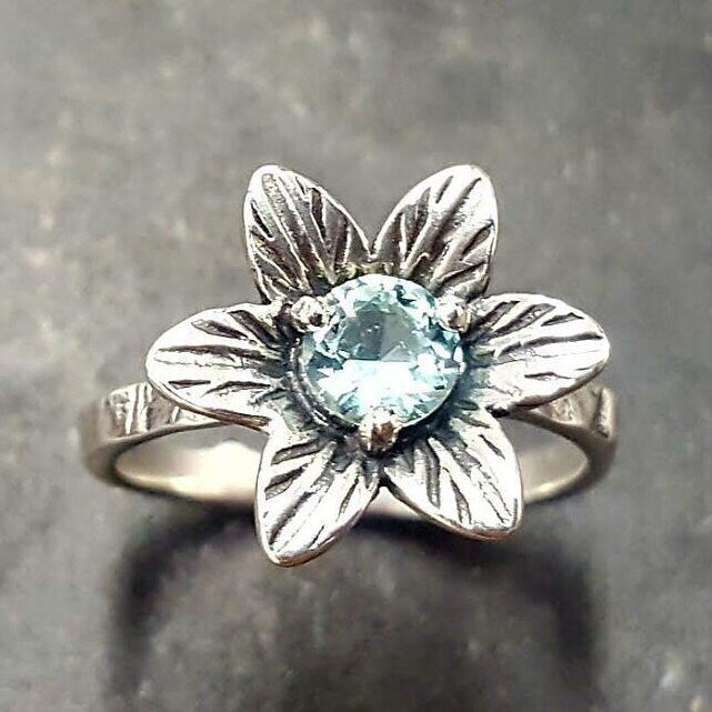 Aquamarine Ring, Created Aquamarine, Flower Ring, Blue Vintage Ring, Aqua Ring, Silver Flower Ring, Vintage Flower Ring, Solid Silver Ring