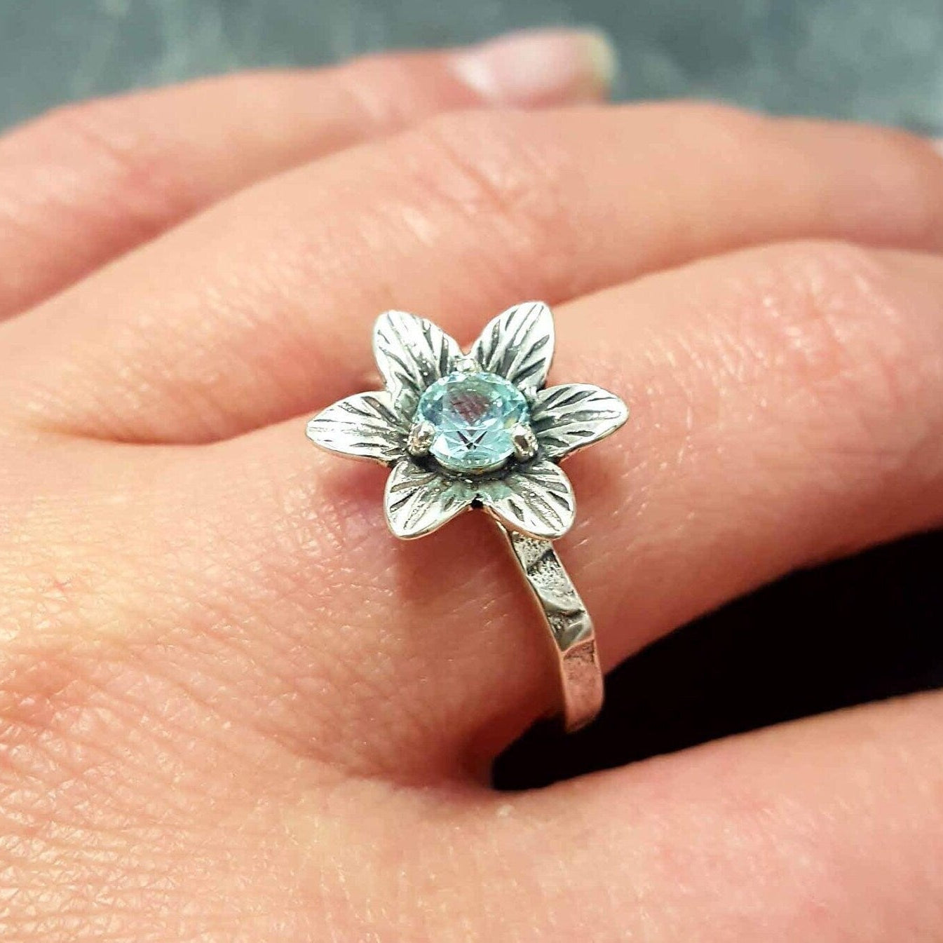 Aquamarine Ring, Created Aquamarine, Flower Ring, Blue Vintage Ring, Aqua Ring, Silver Flower Ring, Vintage Flower Ring, Solid Silver Ring