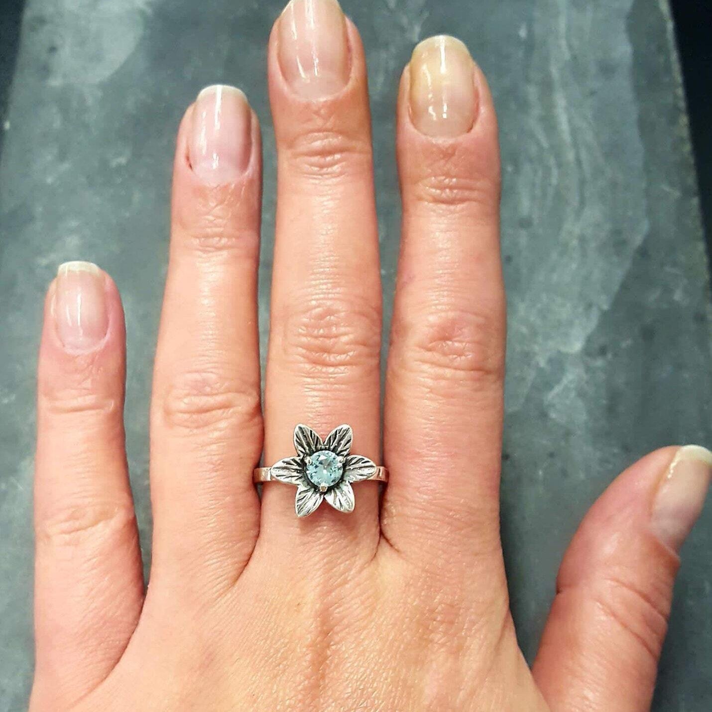 Aquamarine Ring, Created Aquamarine, Flower Ring, Blue Vintage Ring, Aqua Ring, Silver Flower Ring, Vintage Flower Ring, Solid Silver Ring