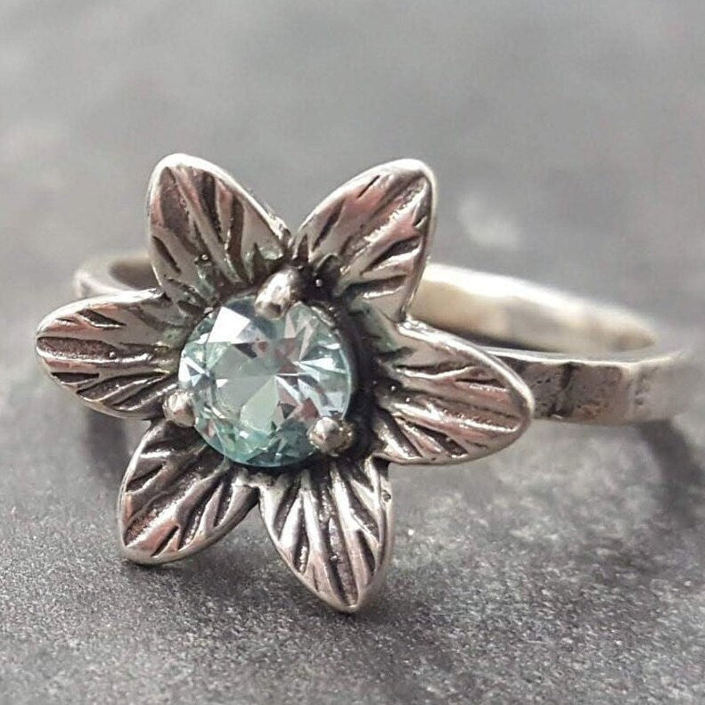 Aquamarine Ring, Created Aquamarine, Flower Ring, Blue Vintage Ring, Aqua Ring, Silver Flower Ring, Vintage Flower Ring, Solid Silver Ring