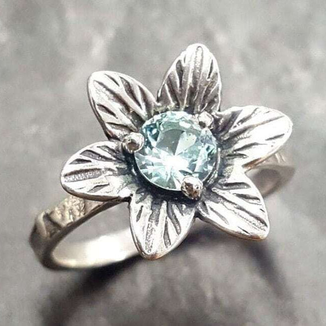 Aquamarine Ring, Created Aquamarine, Flower Ring, Blue Vintage Ring, Aqua Ring, Silver Flower Ring, Vintage Flower Ring, Solid Silver Ring
